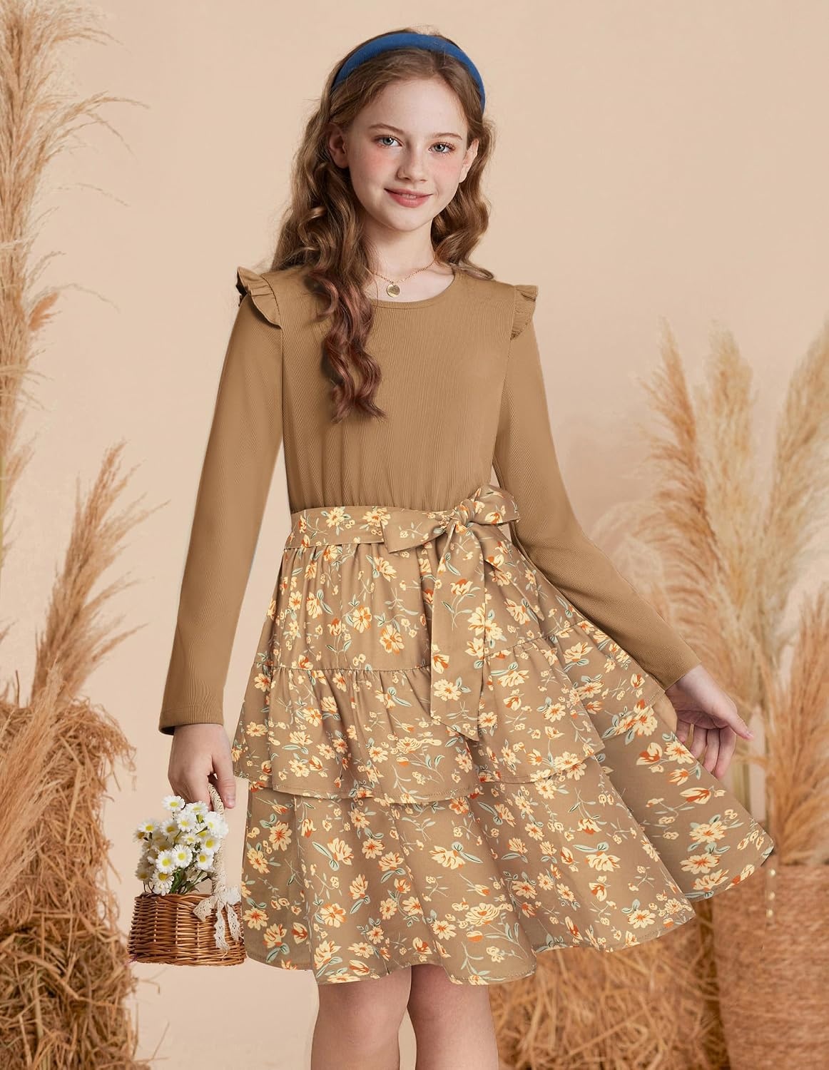 image:imageGRACE KARIN Girls Long Sleeve Dress Floral Fall Winter Church Casual 612YBrown Floral