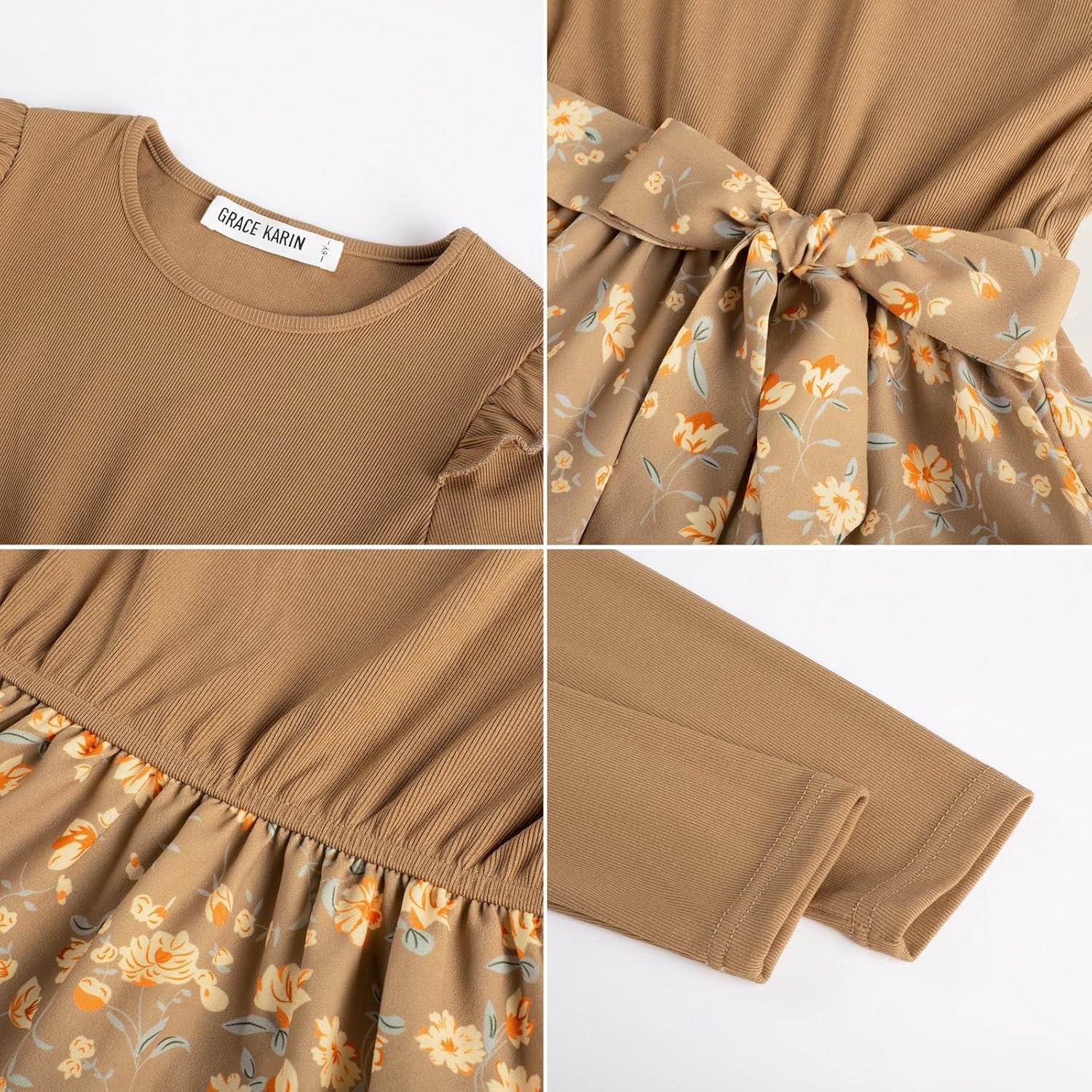 image:imageGRACE KARIN Girls Long Sleeve Dress Floral Fall Winter Church Casual 612YBrown Floral