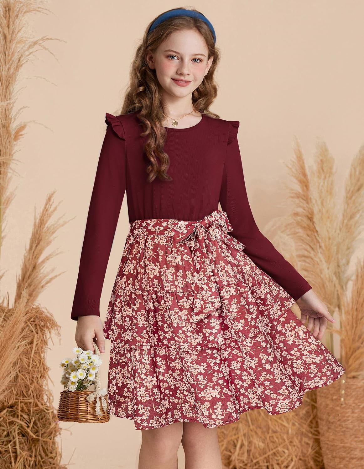 image:imageGRACE KARIN Girls Long Sleeve Dress Floral Fall Winter Church Casual 612YBurgundy Floral