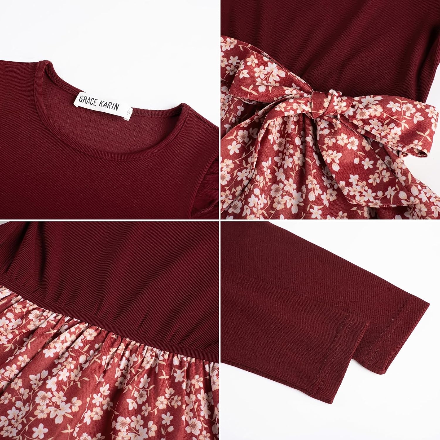image:imageGRACE KARIN Girls Long Sleeve Dress Floral Fall Winter Church Casual 612YBurgundy Floral