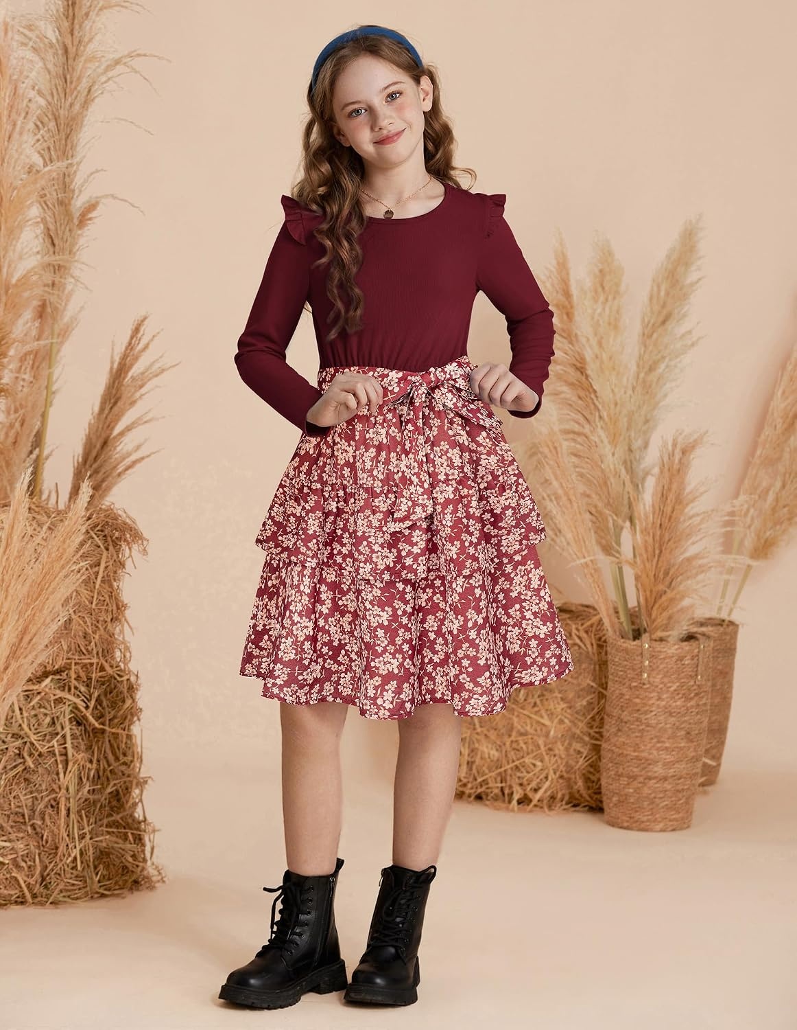 image:imageGRACE KARIN Girls Long Sleeve Dress Floral Fall Winter Church Casual 612YBurgundy Floral