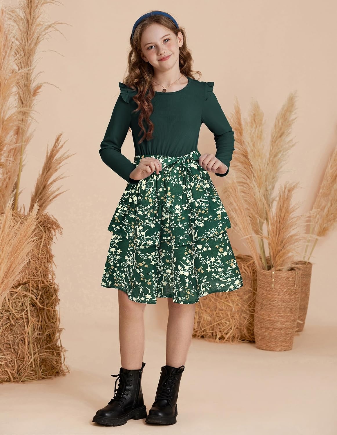 image:imageGRACE KARIN Girls Long Sleeve Dress Floral Fall Winter Church Casual 612YEmerald Green Floral