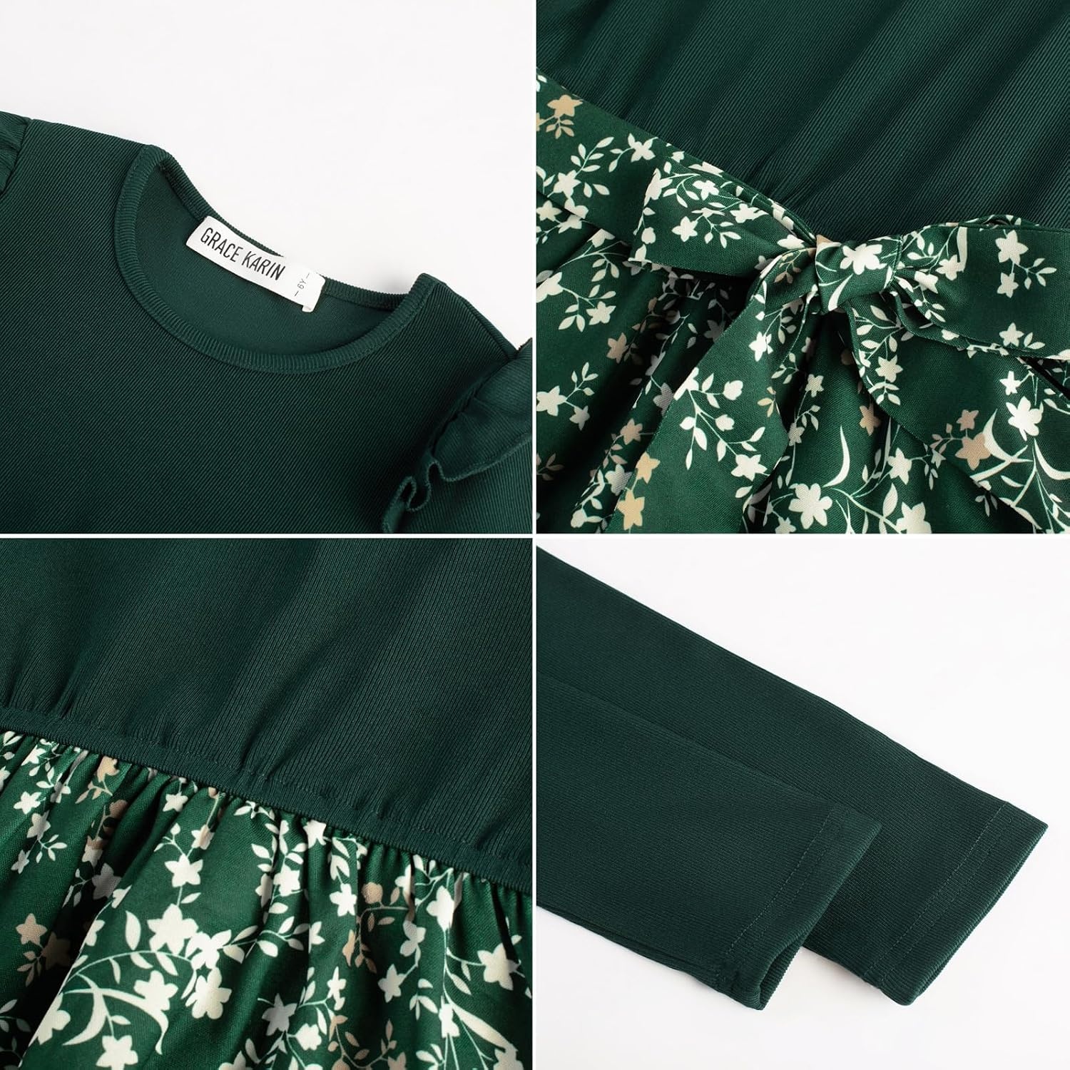 image:imageGRACE KARIN Girls Long Sleeve Dress Floral Fall Winter Church Casual 612YEmerald Green Floral