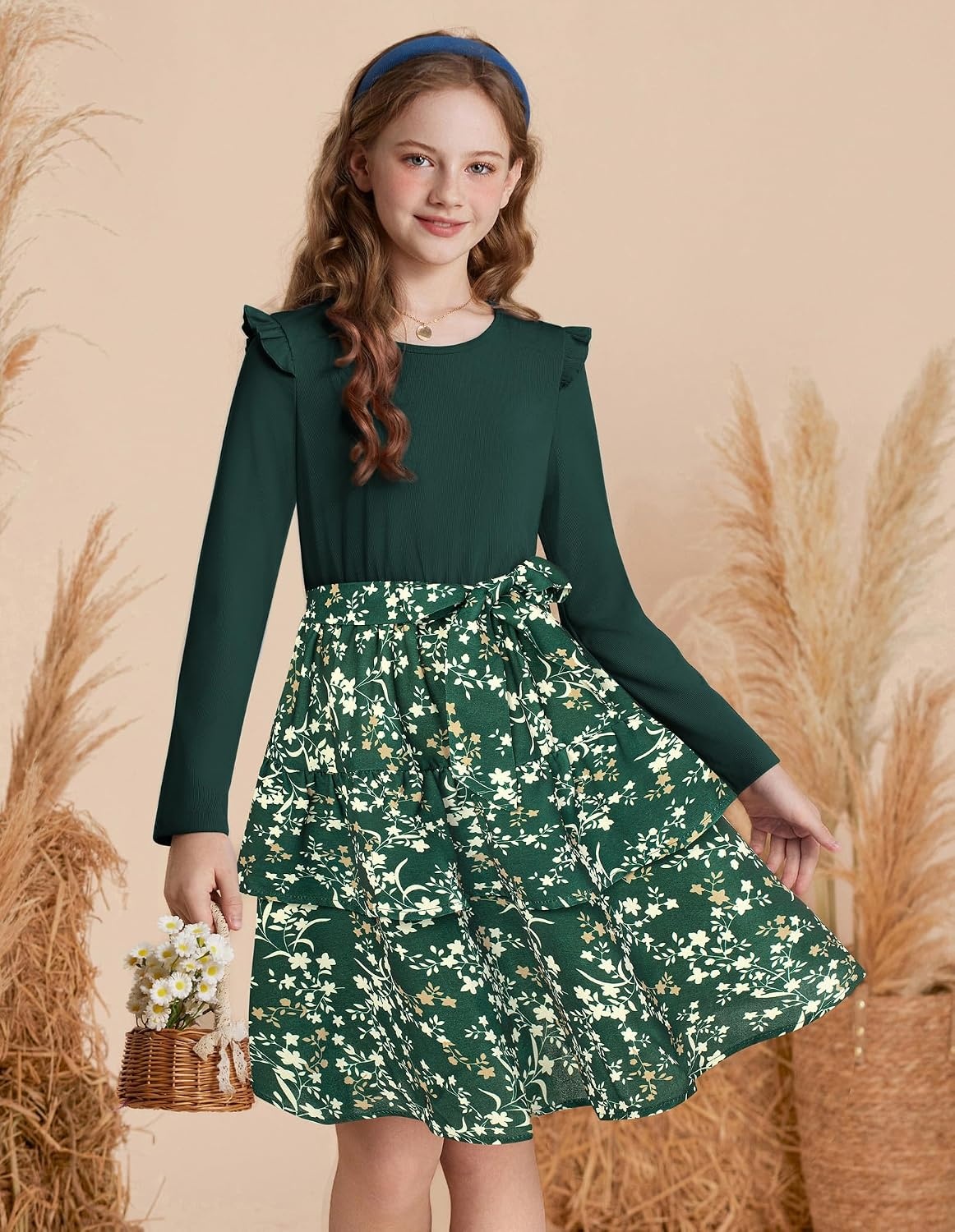 image:imageGRACE KARIN Girls Long Sleeve Dress Floral Fall Winter Church Casual 612YEmerald Green Floral