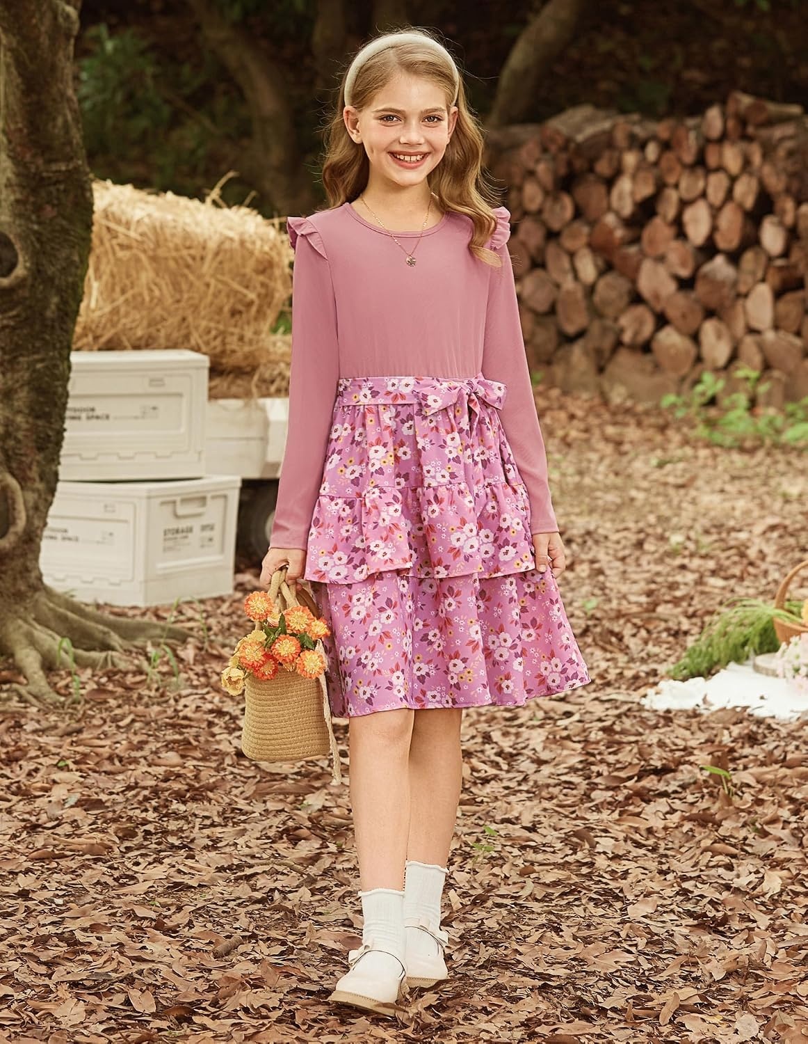 image:imageGRACE KARIN Girls Long Sleeve Dress Floral Fall Winter Church Casual 612YPink Floral
