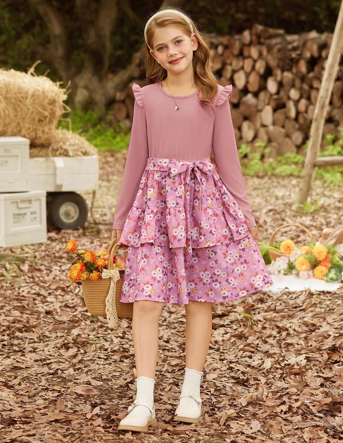image:imageGRACE KARIN Girls Long Sleeve Dress Floral Fall Winter Church Casual 612YPink Floral
