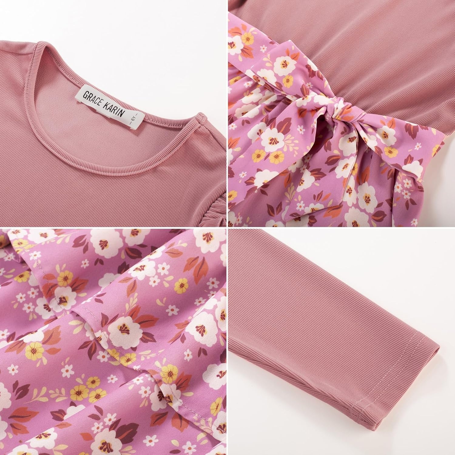 image:imageGRACE KARIN Girls Long Sleeve Dress Floral Fall Winter Church Casual 612YPink Floral