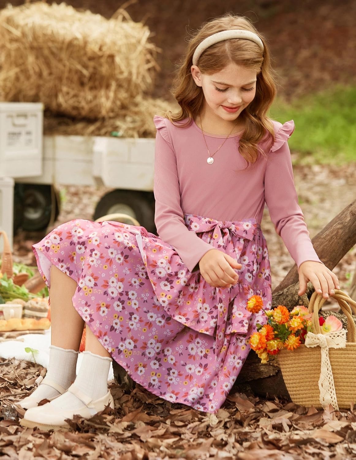 image:imageGRACE KARIN Girls Long Sleeve Dress Floral Fall Winter Church Casual 612YPink Floral