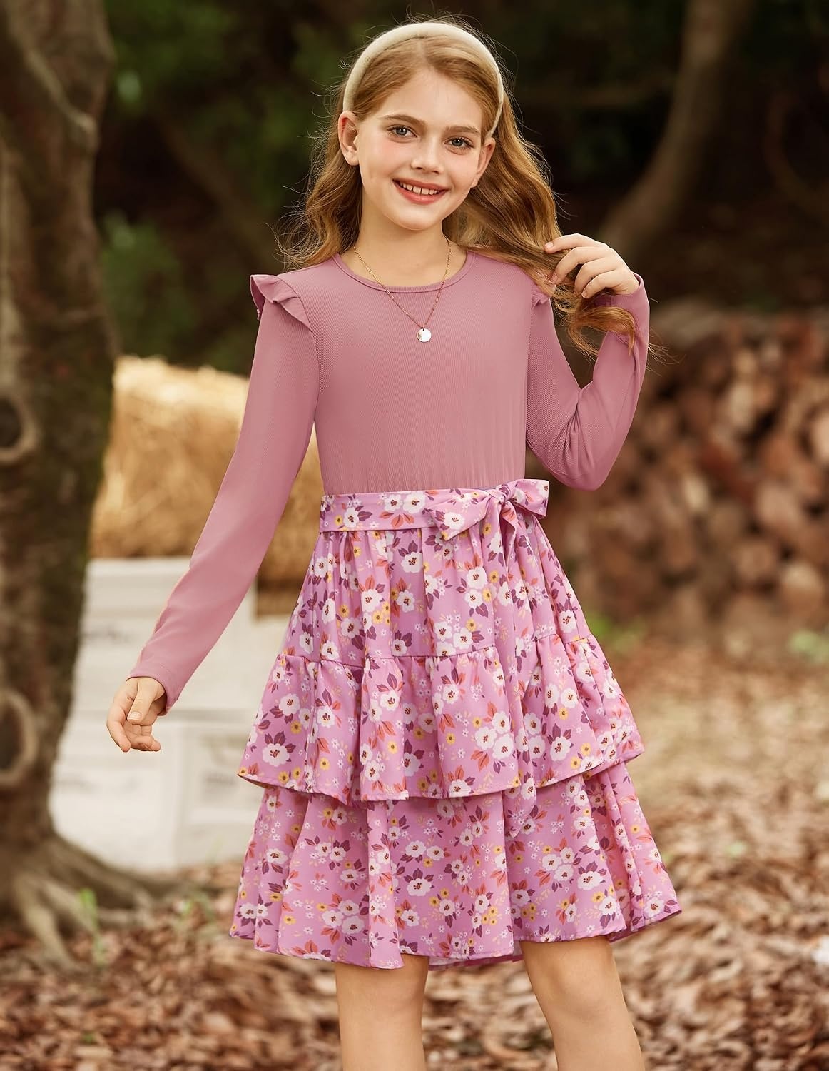 image:imageGRACE KARIN Girls Long Sleeve Dress Floral Fall Winter Church Casual 612YPink Floral