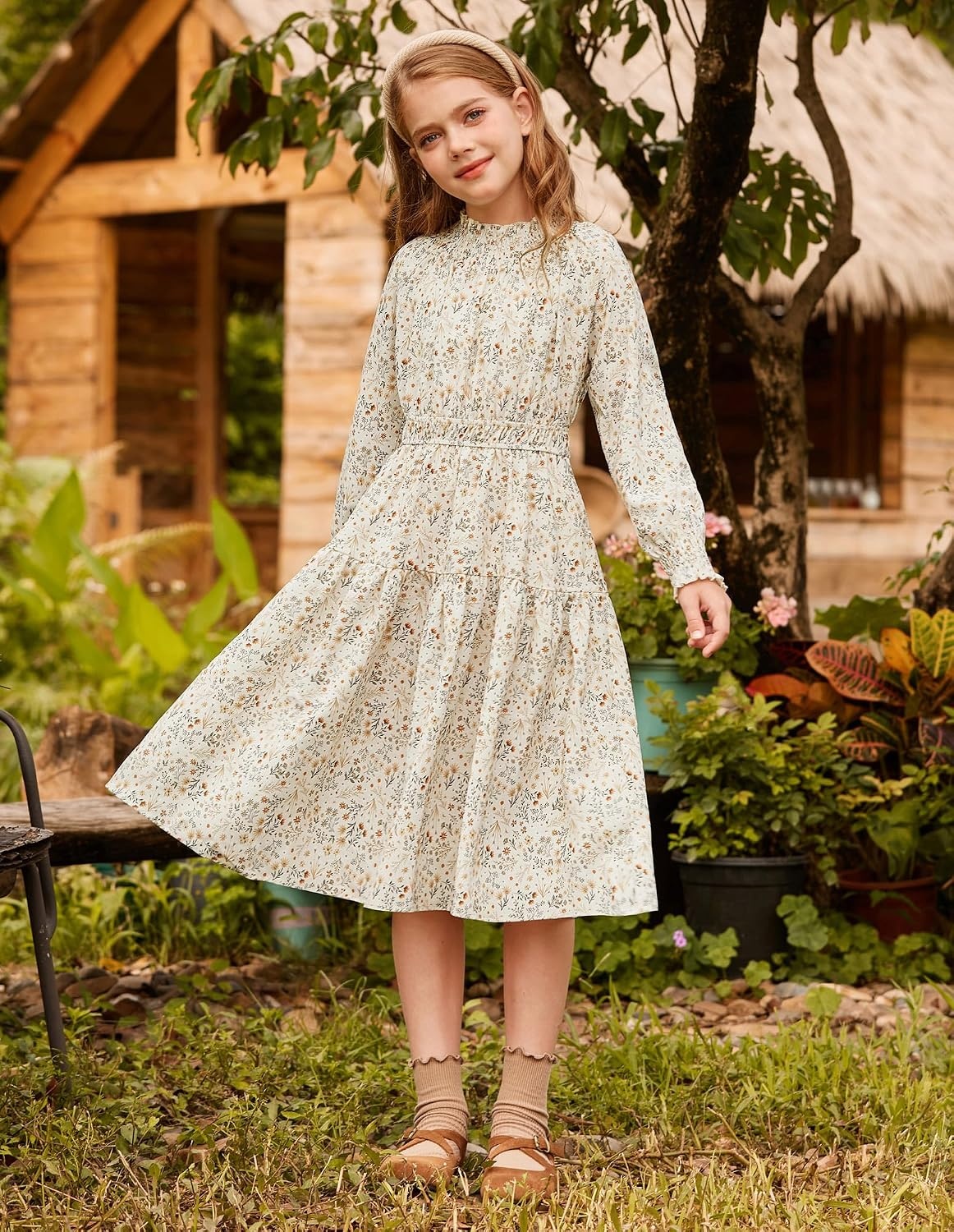 image:imageGRACE KARIN Girls Long Sleeve Fall Floral Dresses with Pocket 614 YearsBeige