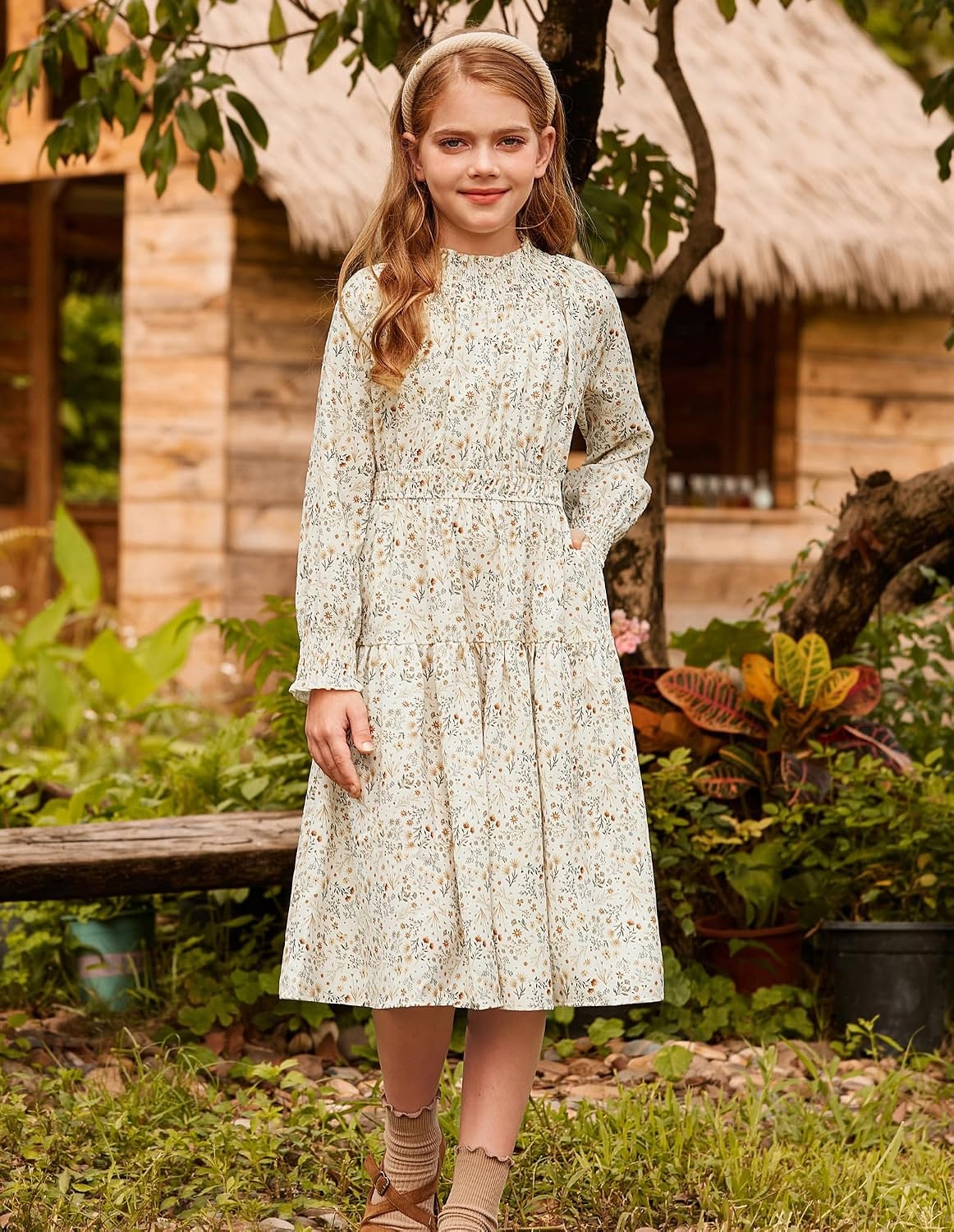 image:imageGRACE KARIN Girls Long Sleeve Fall Floral Dresses with Pocket 614 YearsBeige
