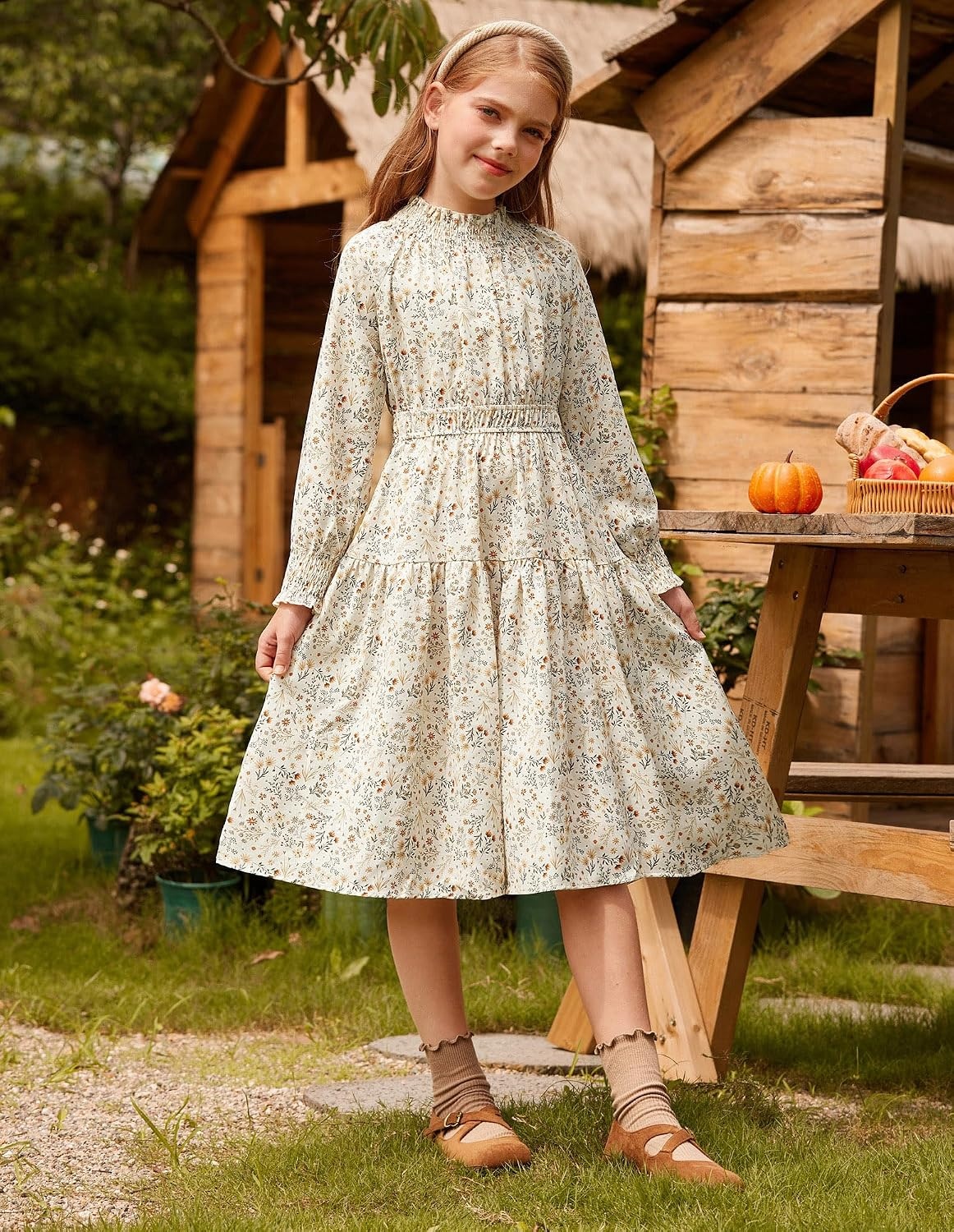 image:imageGRACE KARIN Girls Long Sleeve Fall Floral Dresses with Pocket 614 YearsBeige