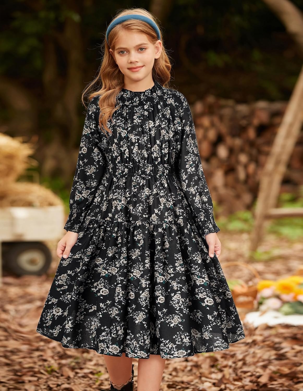 image:imageGRACE KARIN Girls Long Sleeve Fall Floral Dresses with Pocket 614 YearsBlack