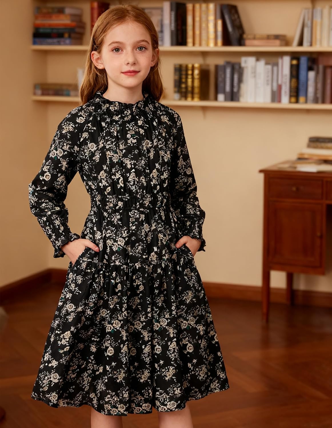 image:imageGRACE KARIN Girls Long Sleeve Fall Floral Dresses with Pocket 614 YearsBlack