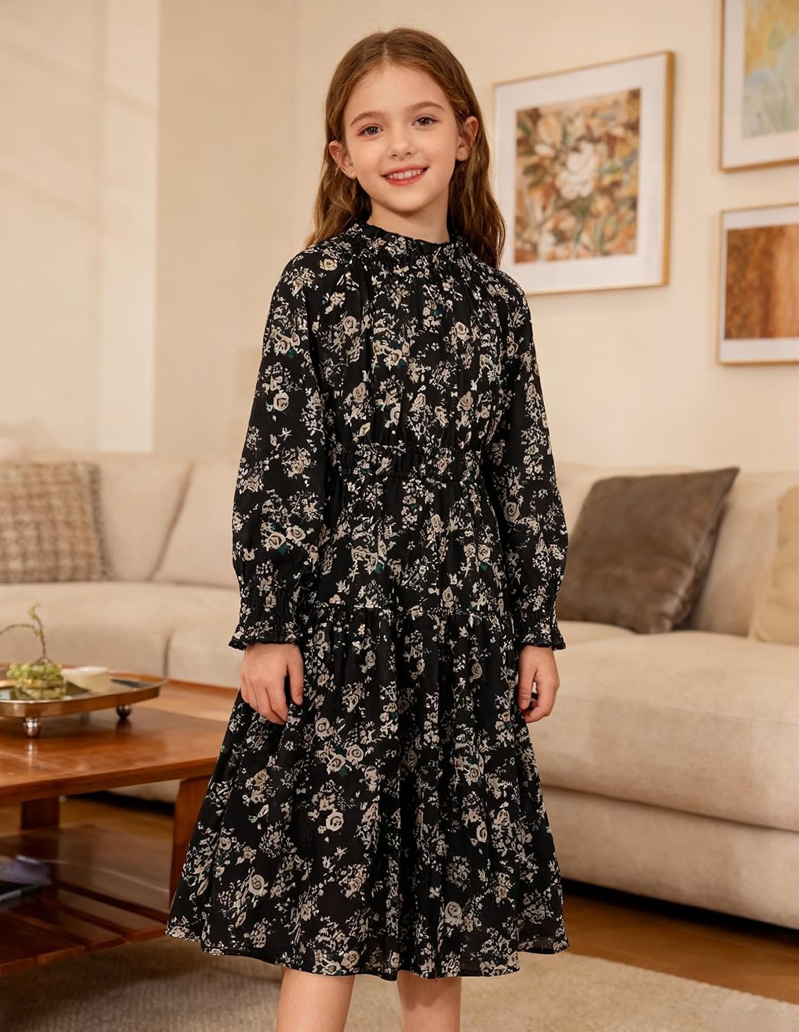 image:imageGRACE KARIN Girls Long Sleeve Fall Floral Dresses with Pocket 614 YearsBlack