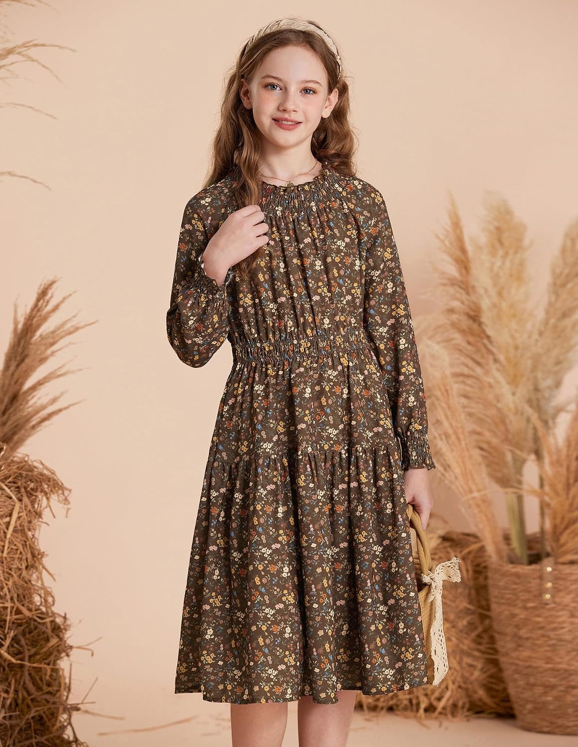 image:imageGRACE KARIN Girls Long Sleeve Fall Floral Dresses with Pocket 614 YearsBrown