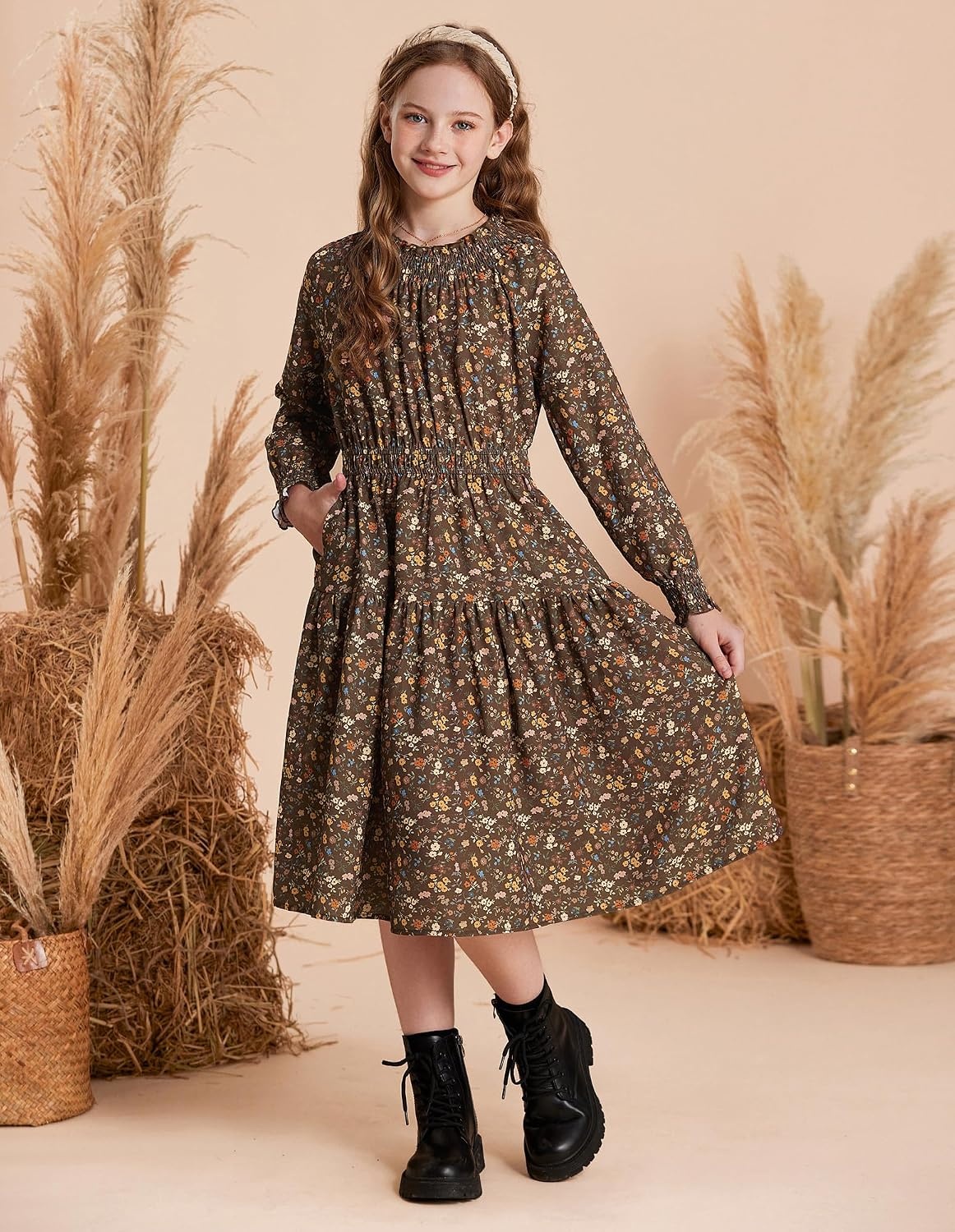 image:imageGRACE KARIN Girls Long Sleeve Fall Floral Dresses with Pocket 614 YearsBrown