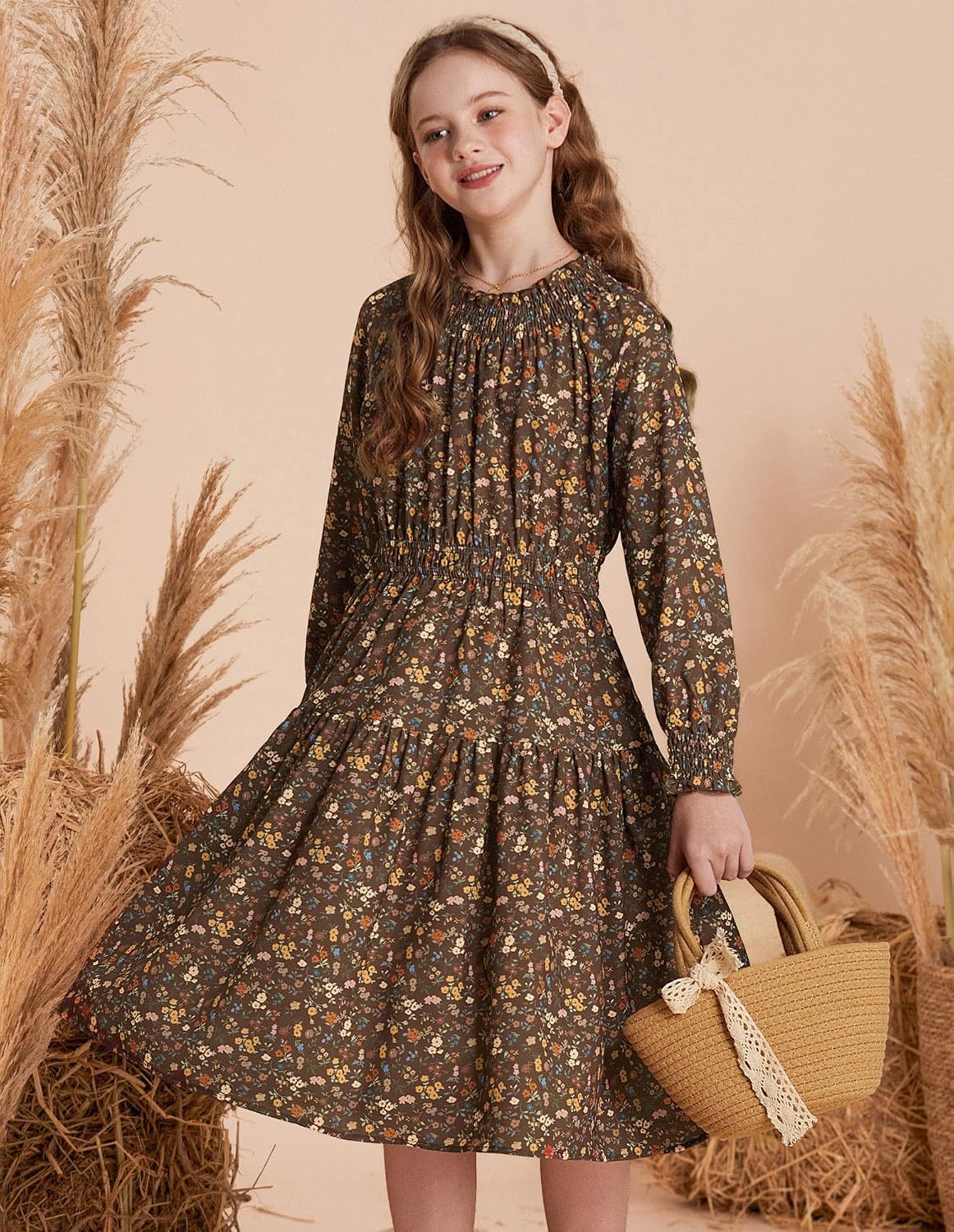 image:imageGRACE KARIN Girls Long Sleeve Fall Floral Dresses with Pocket 614 YearsBrown