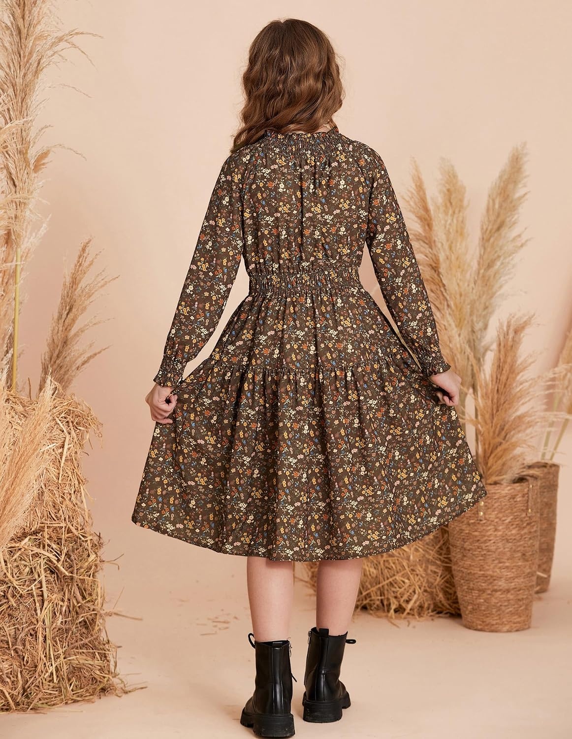 image:imageGRACE KARIN Girls Long Sleeve Fall Floral Dresses with Pocket 614 YearsBrown