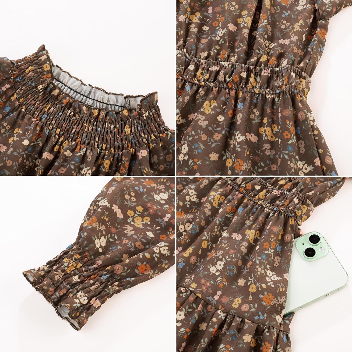 image:imageGRACE KARIN Girls Long Sleeve Fall Floral Dresses with Pocket 614 YearsBrown