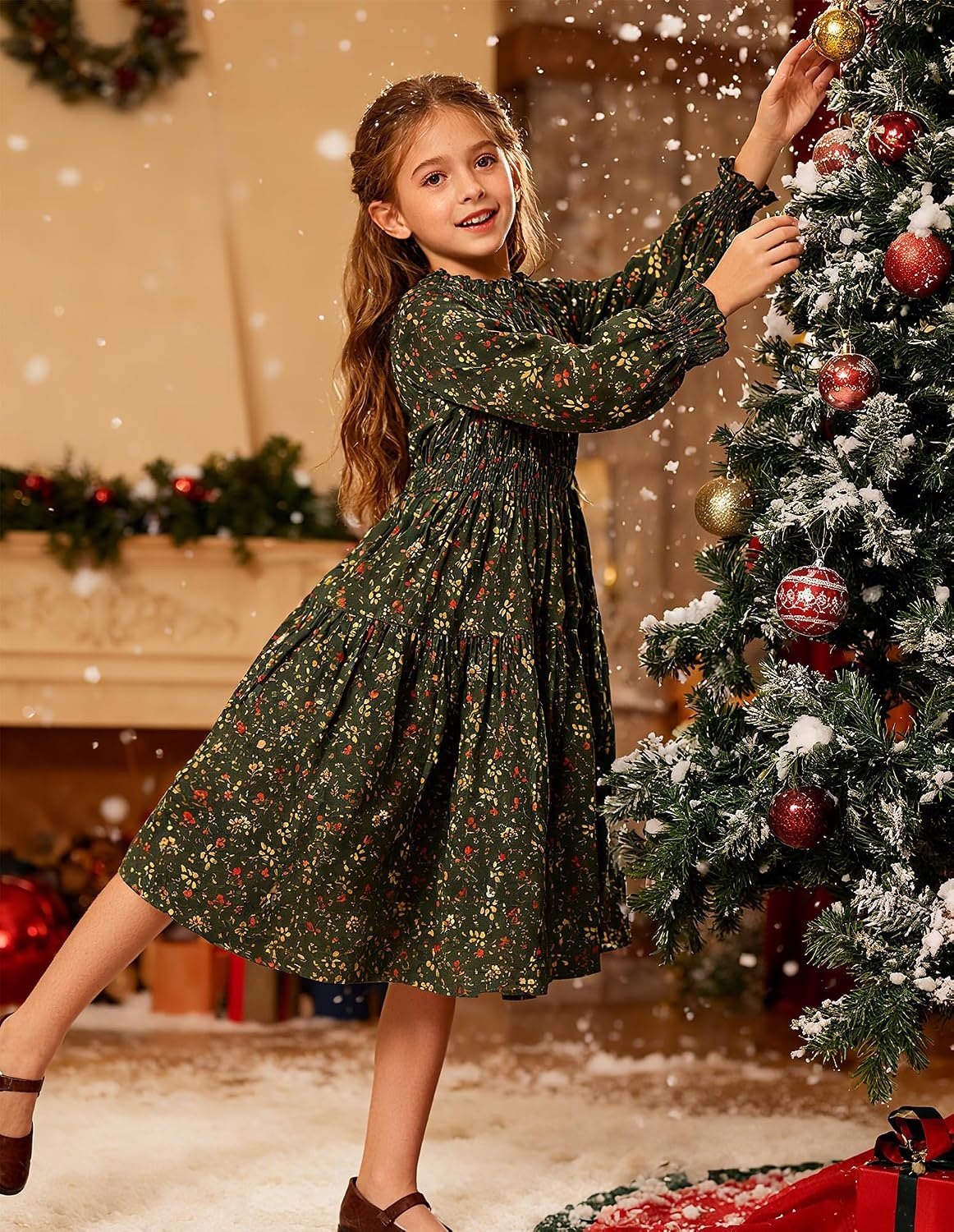 image:imageGRACE KARIN Girls Long Sleeve Fall Floral Dresses with Pocket 614 YearsDark Green