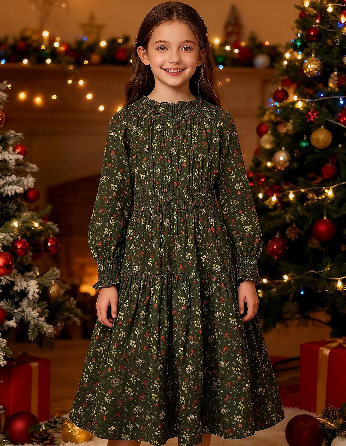 image:imageGRACE KARIN Girls Long Sleeve Fall Floral Dresses with Pocket 614 YearsDark Green