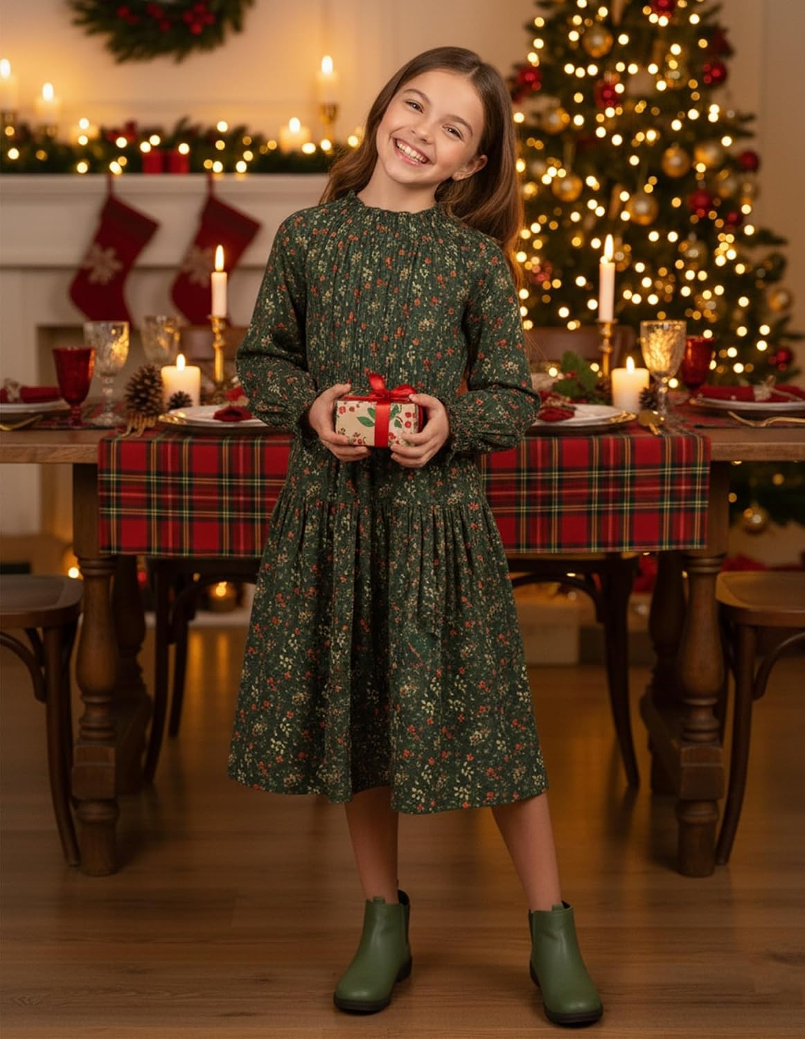 image:imageGRACE KARIN Girls Long Sleeve Fall Floral Dresses with Pocket 614 YearsDark Green