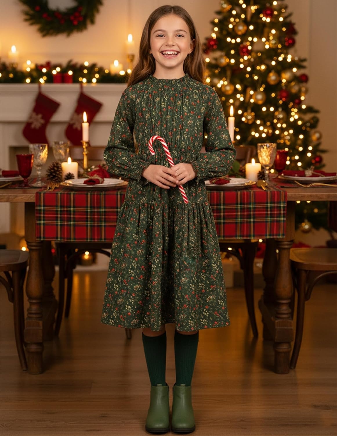 image:imageGRACE KARIN Girls Long Sleeve Fall Floral Dresses with Pocket 614 YearsDark Green