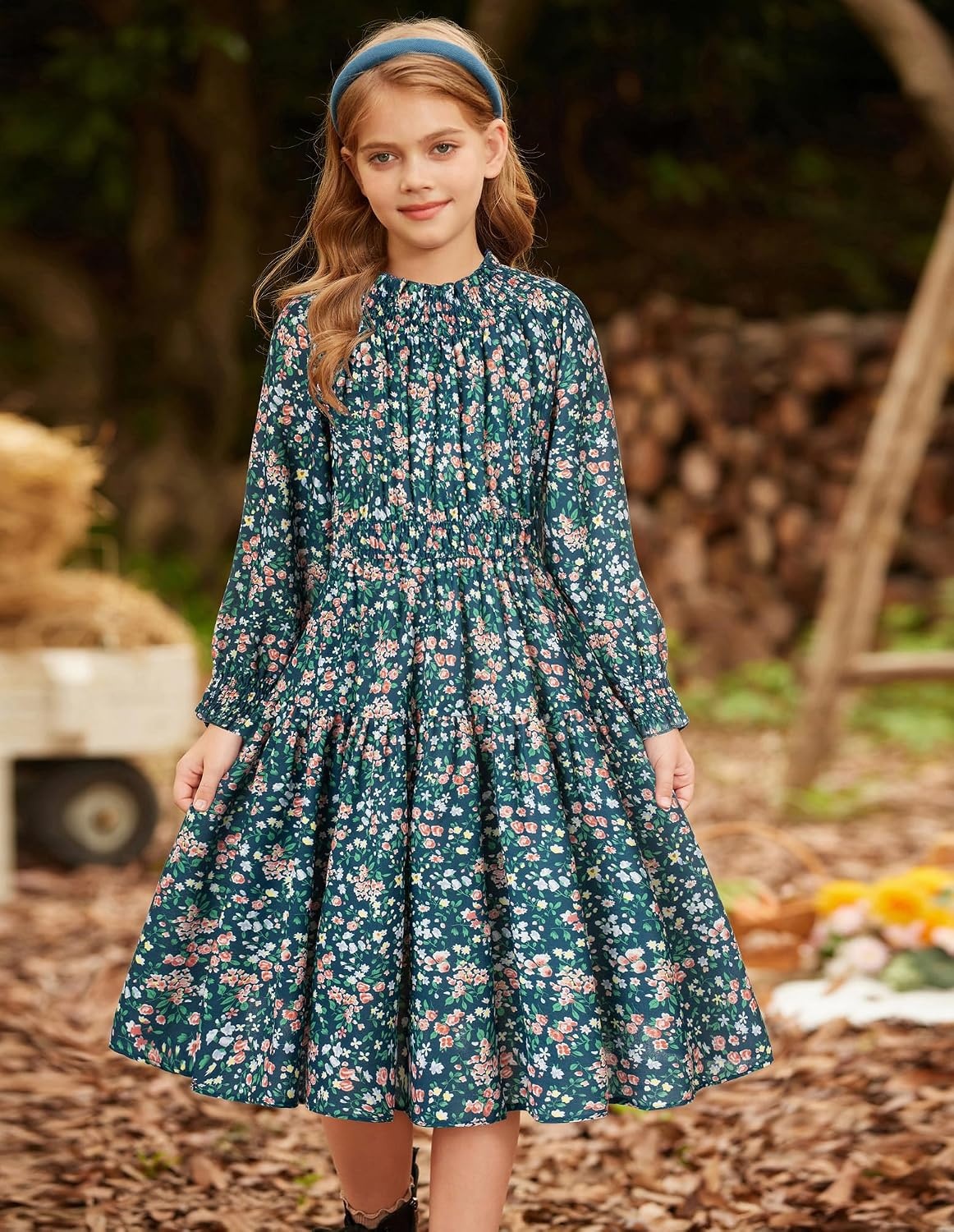 image:imageGRACE KARIN Girls Long Sleeve Fall Floral Dresses with Pocket 614 YearsGreen