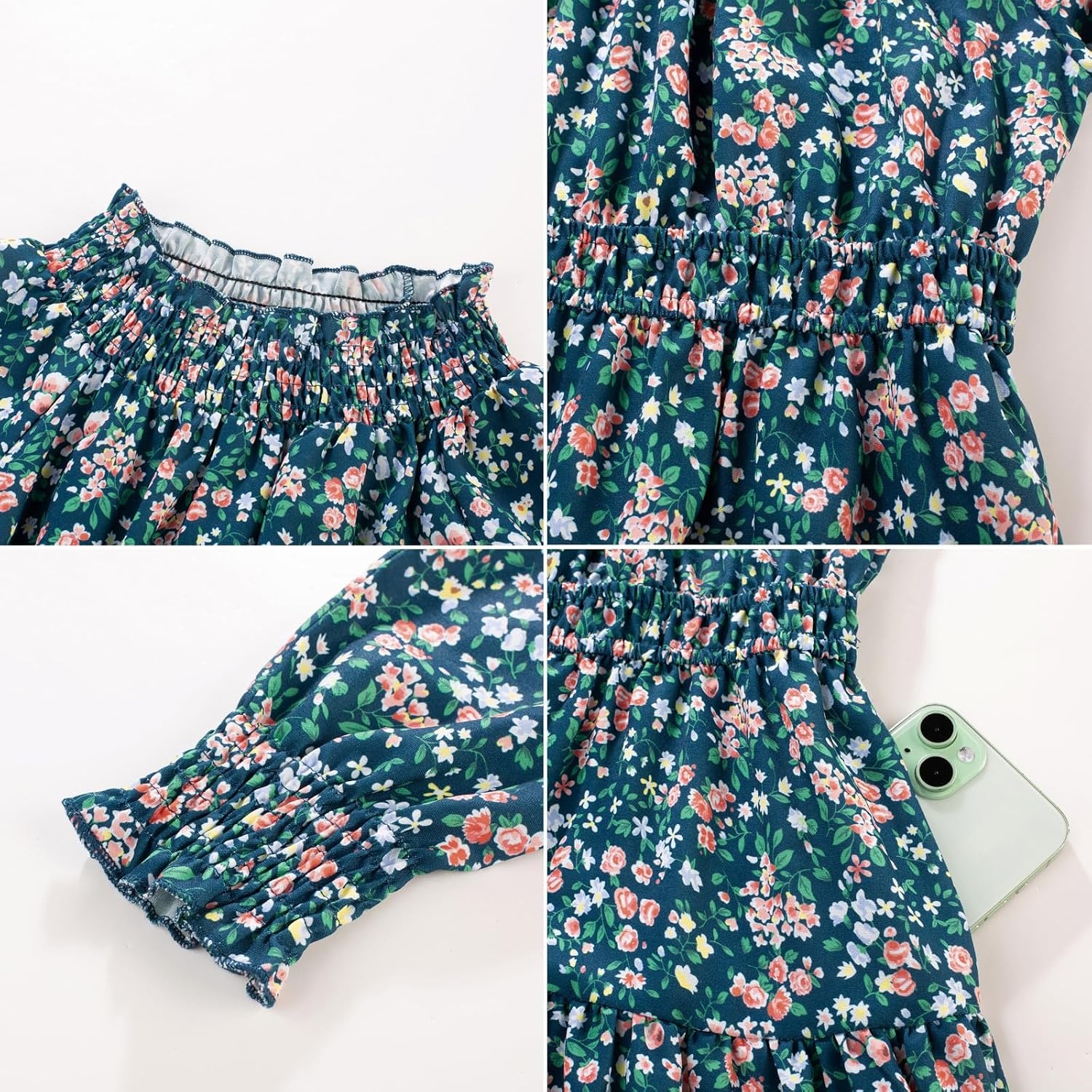 image:imageGRACE KARIN Girls Long Sleeve Fall Floral Dresses with Pocket 614 YearsGreen