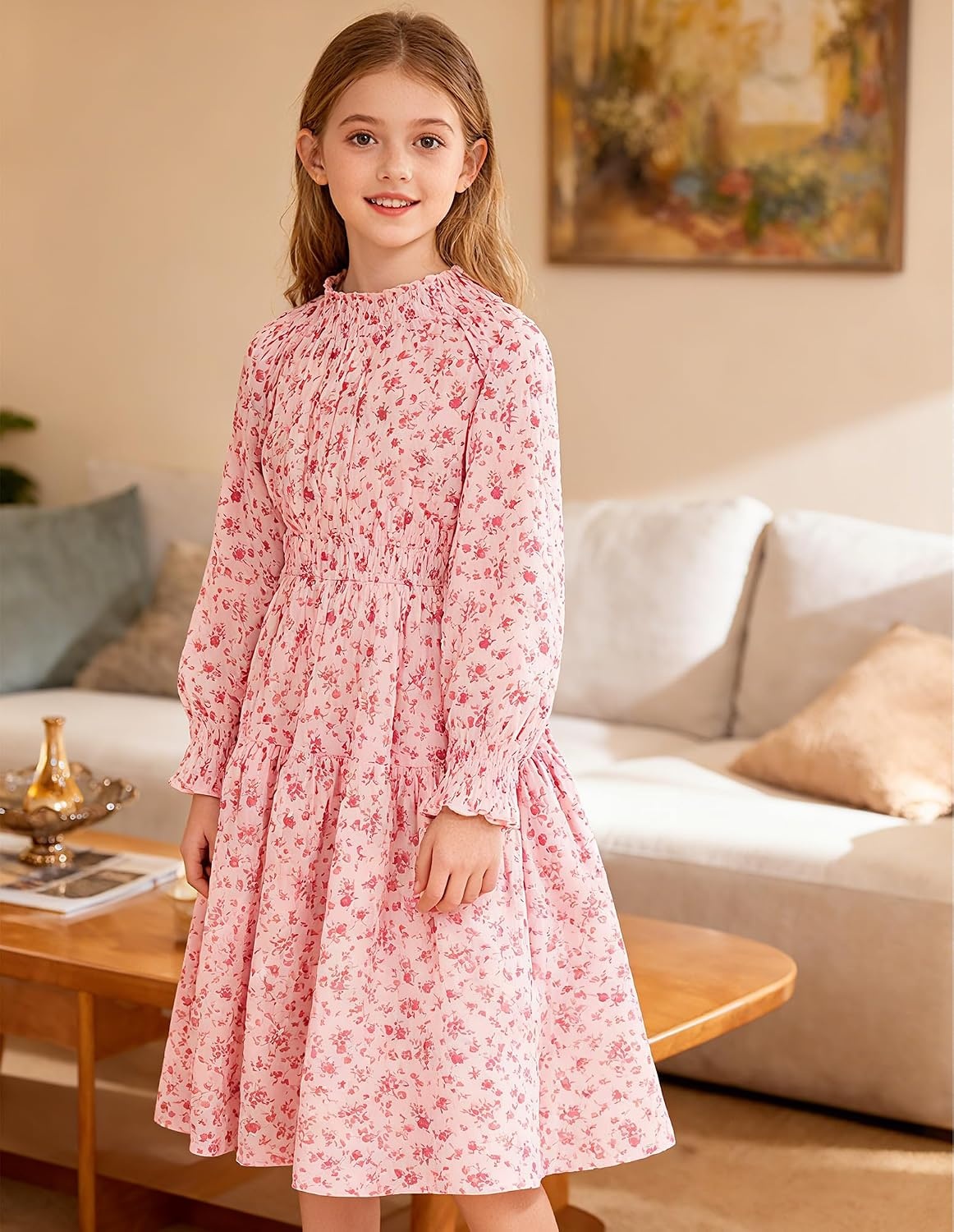 image:imageGRACE KARIN Girls Long Sleeve Fall Floral Dresses with Pocket 614 YearsPink