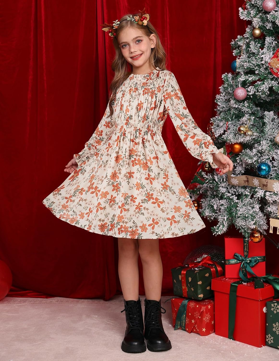 image:imageGRACE KARIN Girls Long Sleeve Floral Dress Fall Winter Casual Dresses 614YBeige Floral