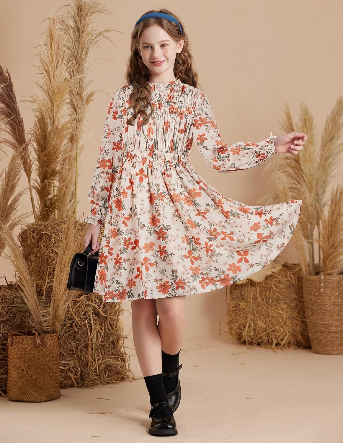 image:imageGRACE KARIN Girls Long Sleeve Floral Dress Fall Winter Casual Dresses 614YBeige Floral