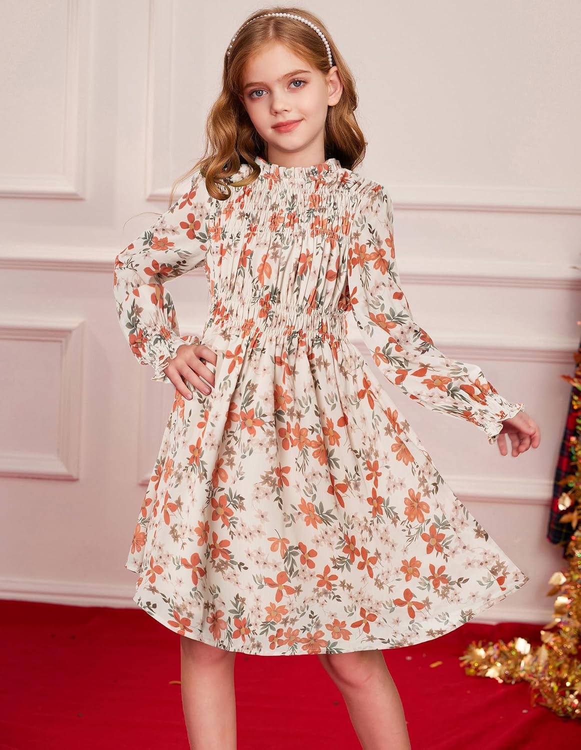 image:imageGRACE KARIN Girls Long Sleeve Floral Dress Fall Winter Casual Dresses 614YBeige Floral