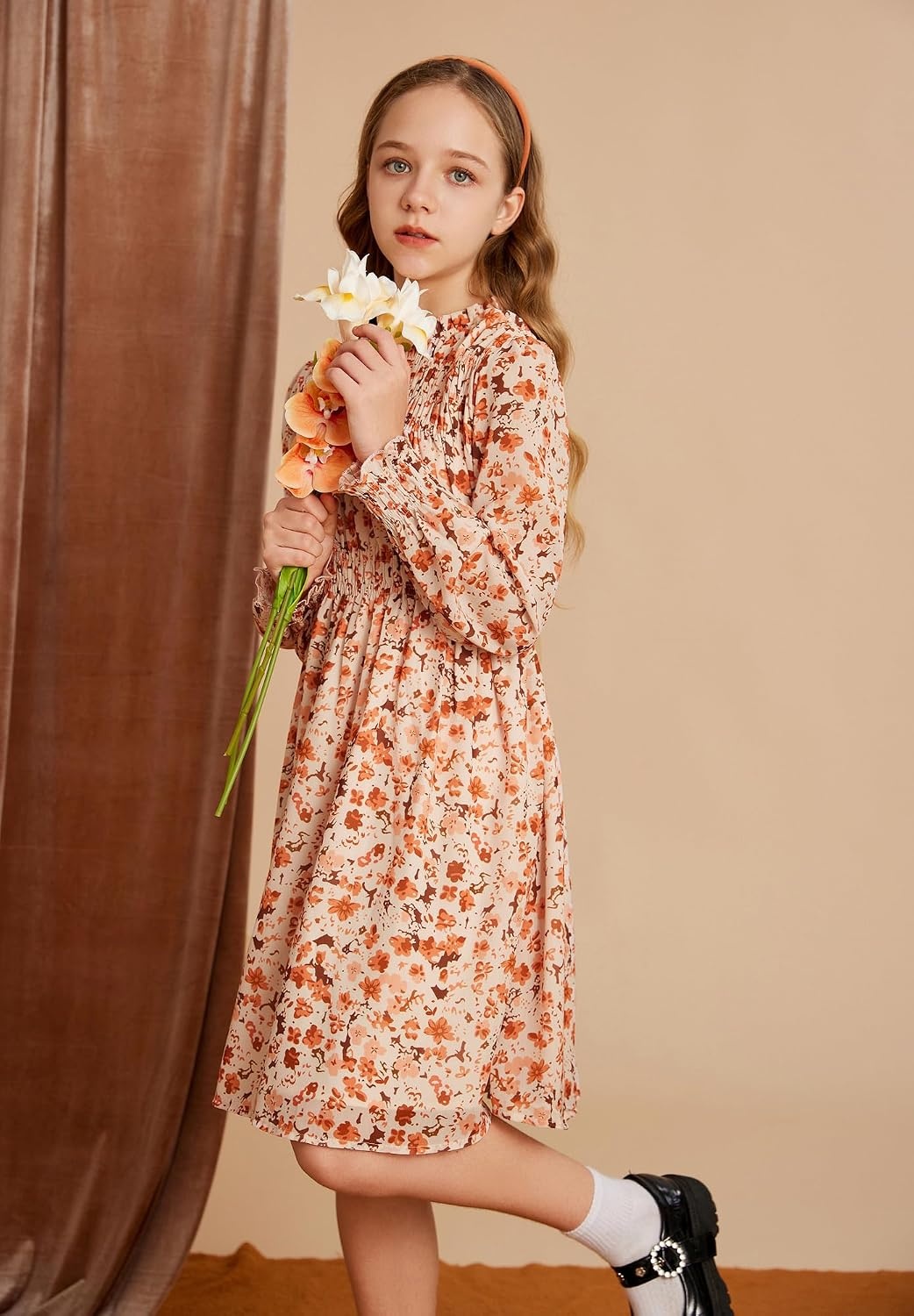 image:imageGRACE KARIN Girls Long Sleeve Floral Dress Fall Winter Casual Dresses 614YBeige Flower