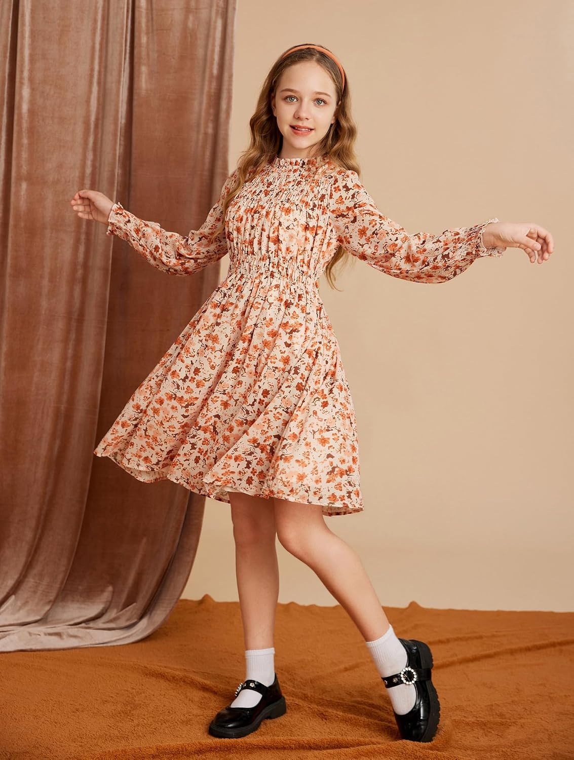 image:imageGRACE KARIN Girls Long Sleeve Floral Dress Fall Winter Casual Dresses 614YBeige Flower