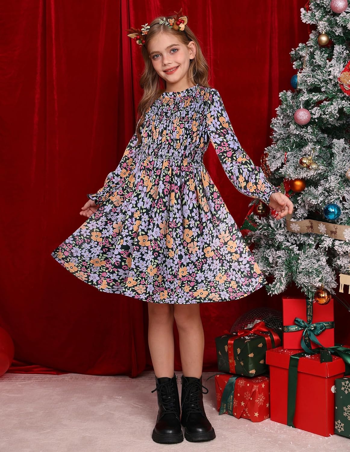 image:imageGRACE KARIN Girls Long Sleeve Floral Dress Fall Winter Casual Dresses 614YBlack Floral