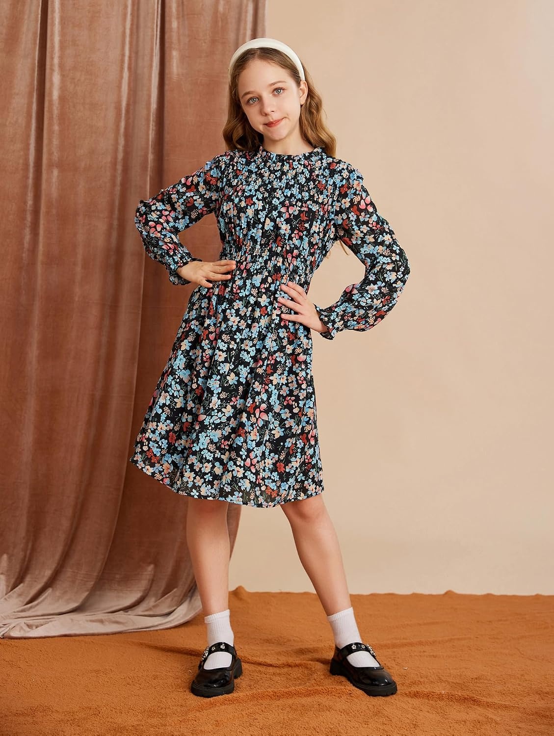 image:imageGRACE KARIN Girls Long Sleeve Floral Dress Fall Winter Casual Dresses 614YBlack Flower