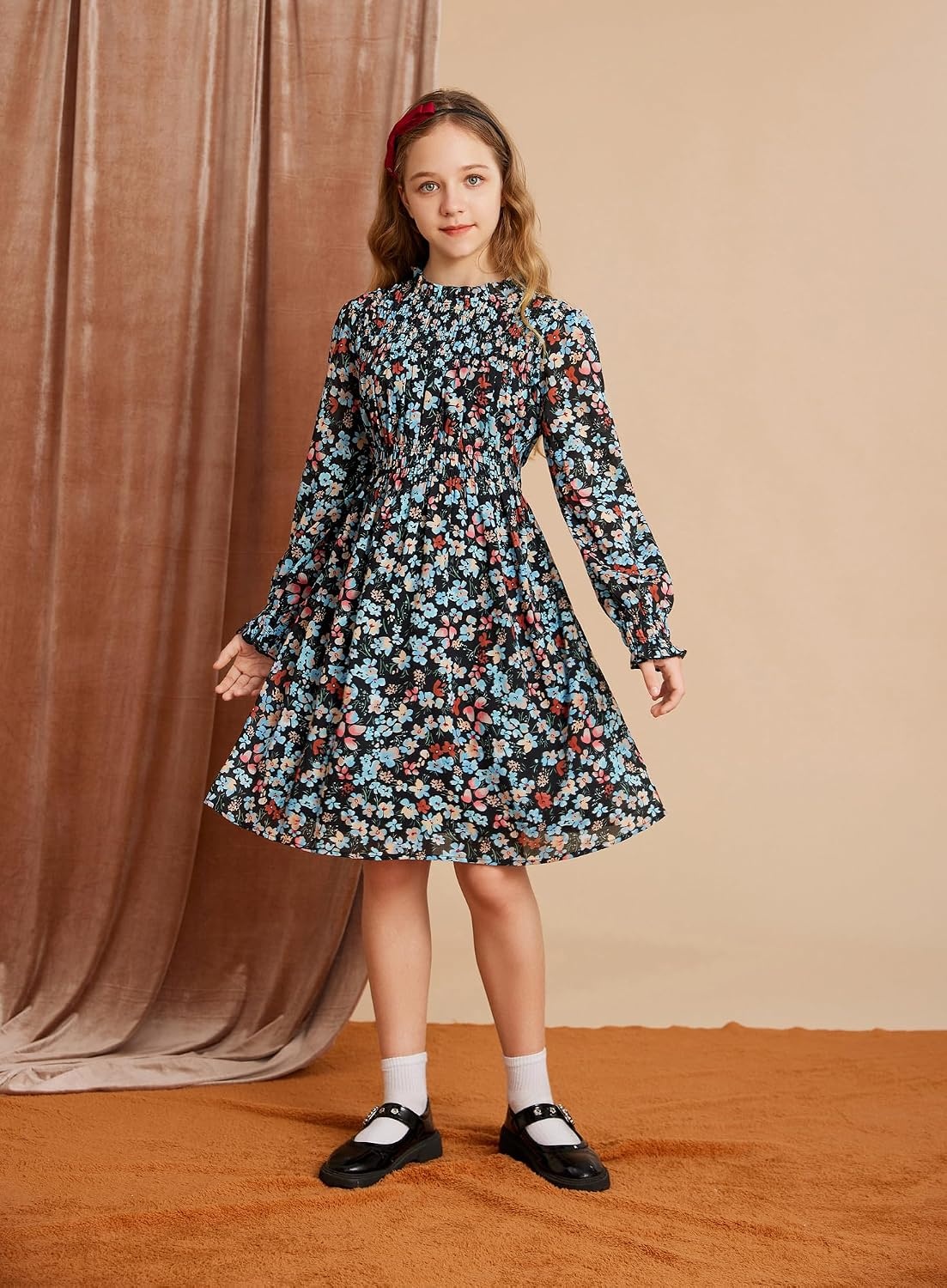 image:imageGRACE KARIN Girls Long Sleeve Floral Dress Fall Winter Casual Dresses 614YBlack Flower