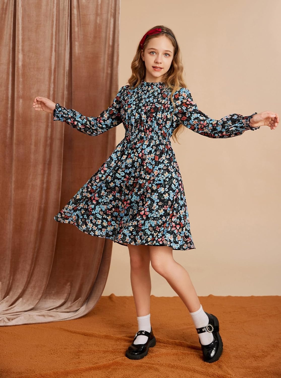 image:imageGRACE KARIN Girls Long Sleeve Floral Dress Fall Winter Casual Dresses 614YBlack Flower