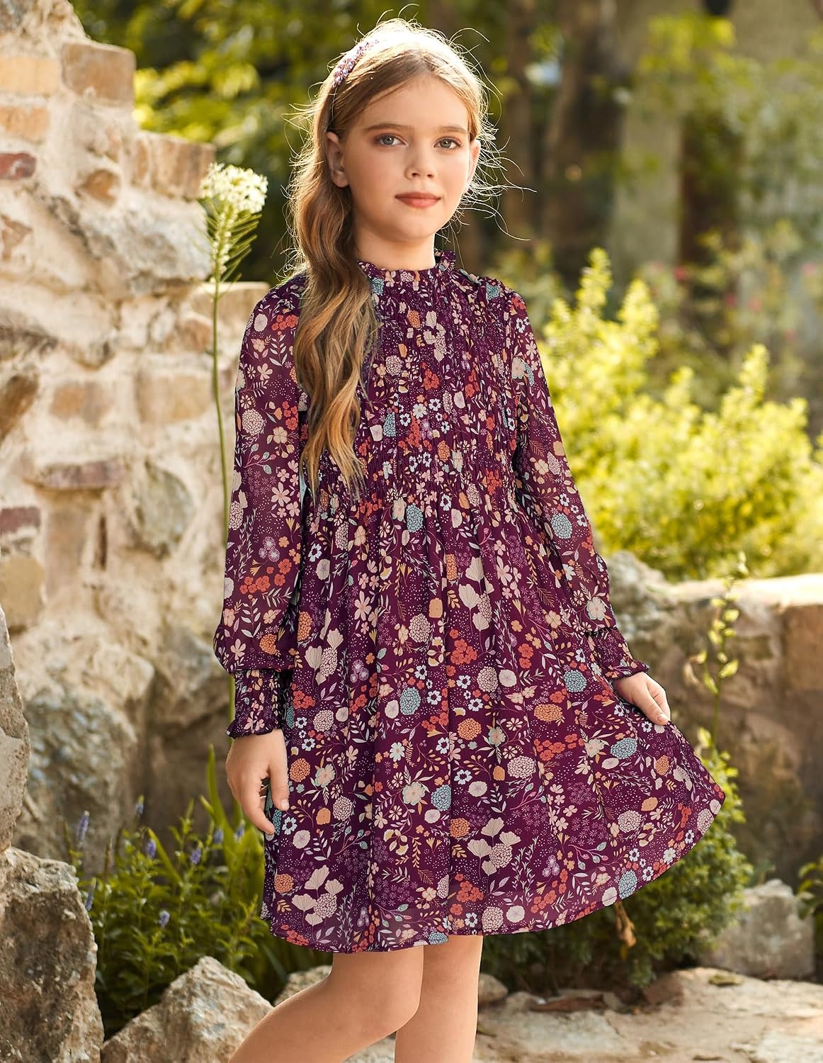 image:imageGRACE KARIN Girls Long Sleeve Floral Dress Fall Winter Casual Dresses 614YBurgundy Flower