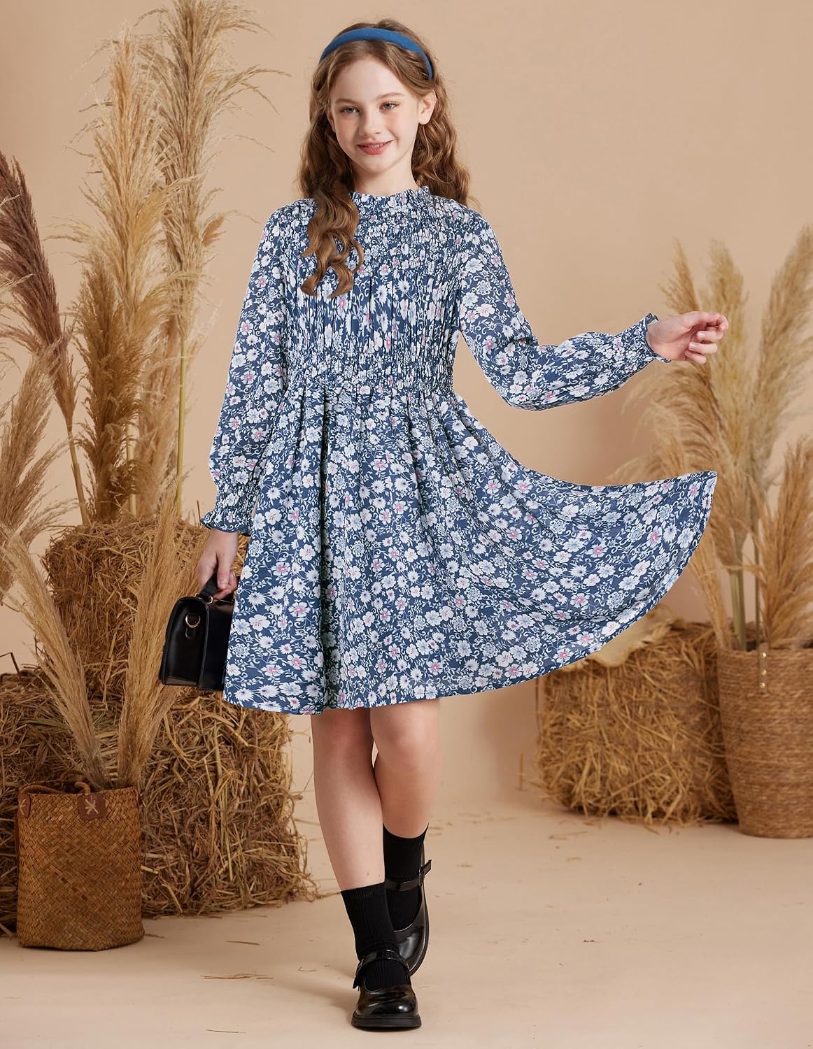 image:imageGRACE KARIN Girls Long Sleeve Floral Dress Fall Winter Casual Dresses 614YDusty Blue Floral