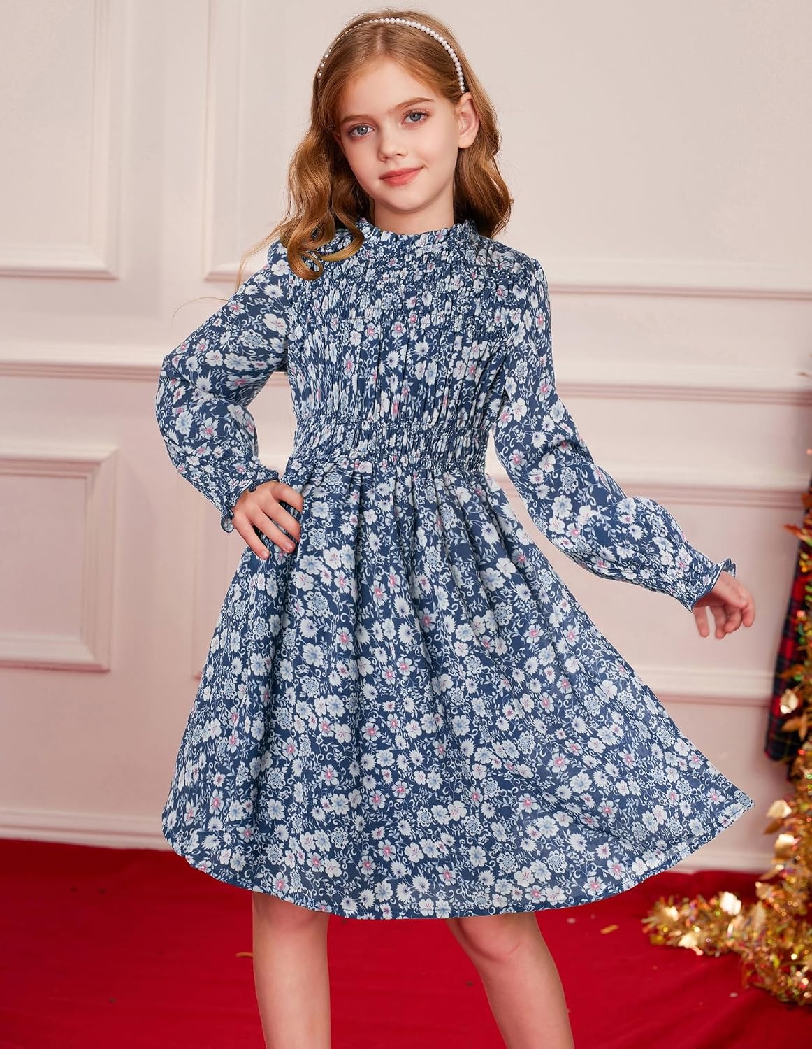 image:imageGRACE KARIN Girls Long Sleeve Floral Dress Fall Winter Casual Dresses 614YDusty Blue Floral