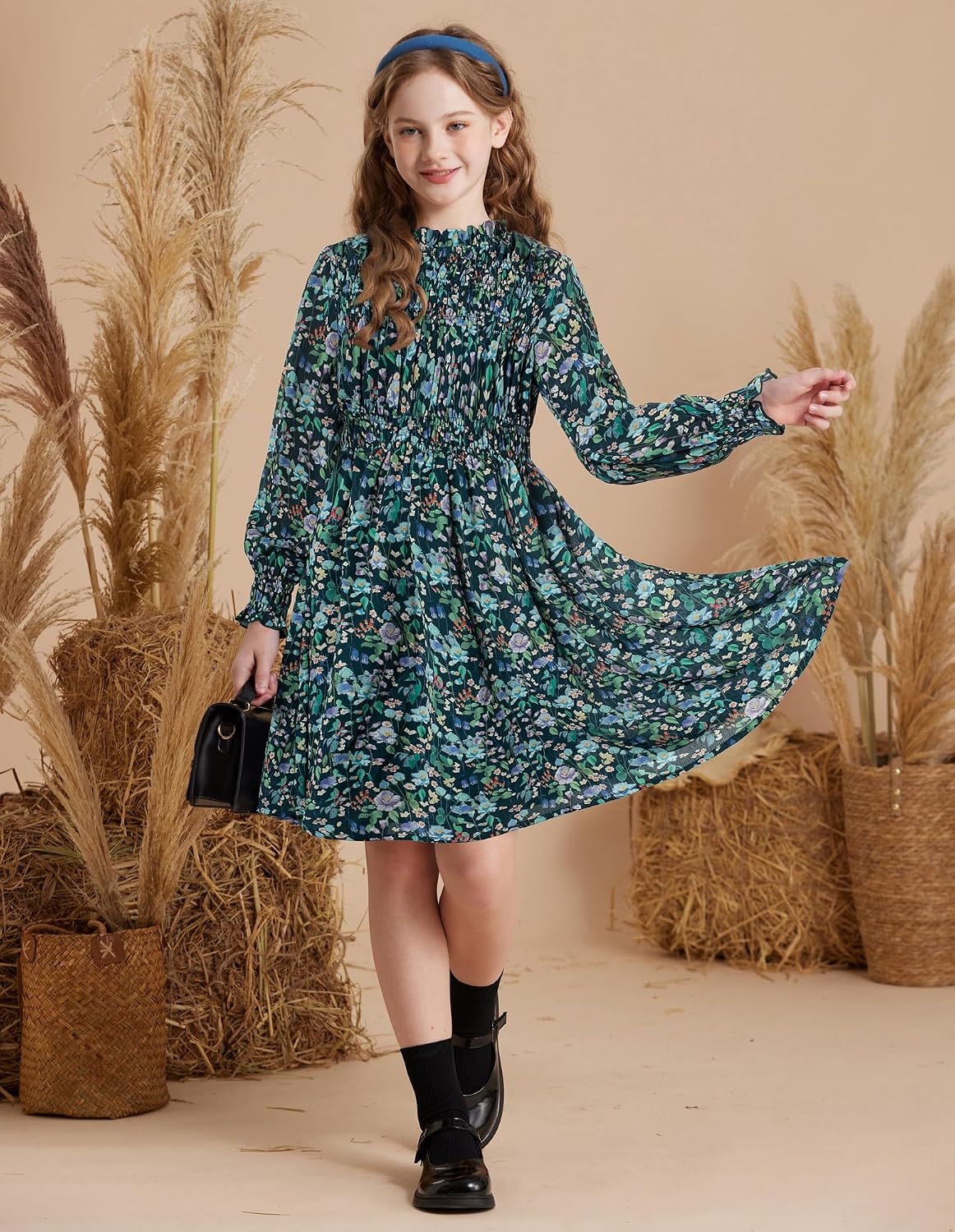 image:imageGRACE KARIN Girls Long Sleeve Floral Dress Fall Winter Casual Dresses 614YGreen Floral