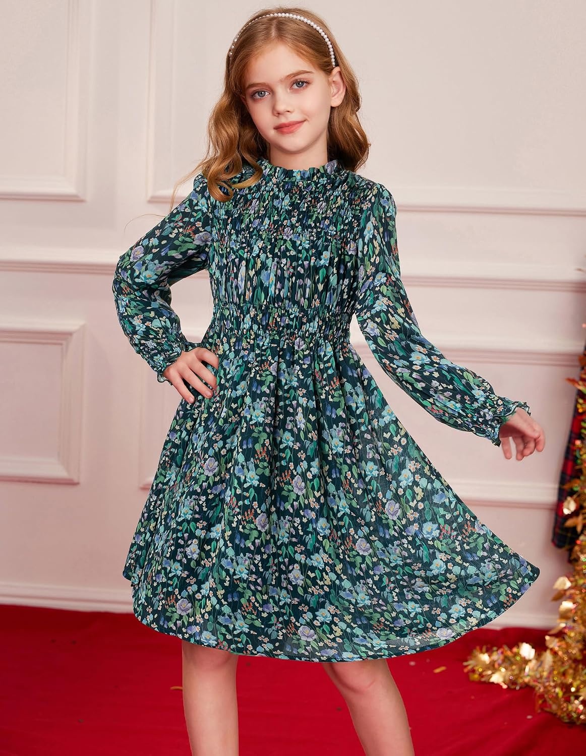 image:imageGRACE KARIN Girls Long Sleeve Floral Dress Fall Winter Casual Dresses 614YGreen Floral