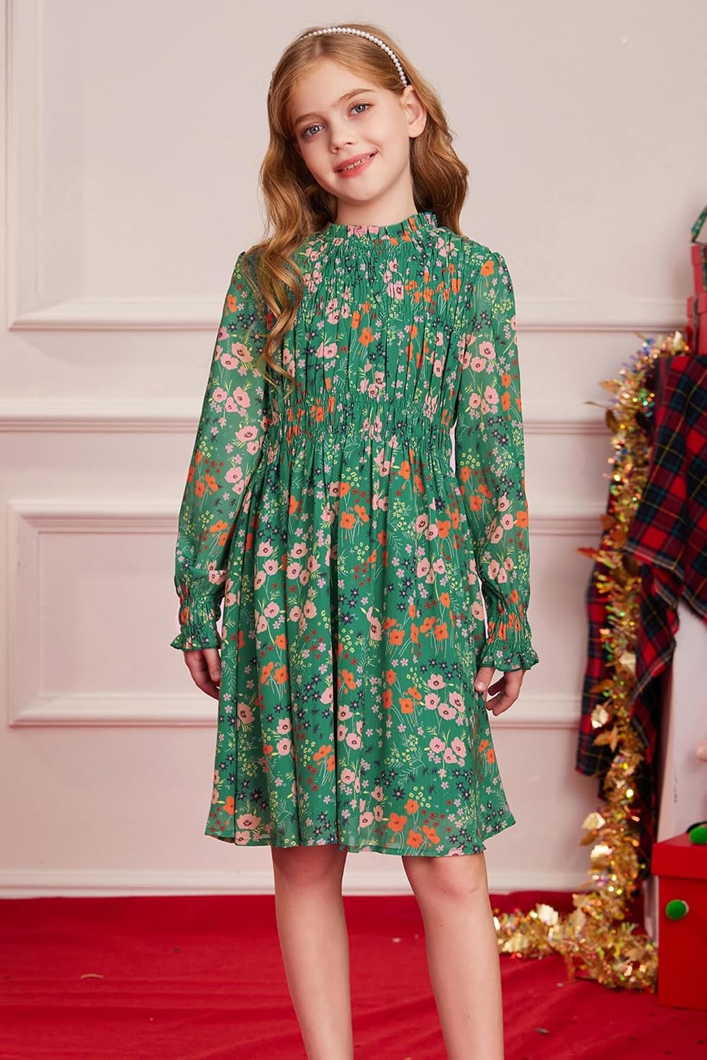 image:imageGRACE KARIN Girls Long Sleeve Floral Dress Fall Winter Casual Dresses 614YGreen Flower