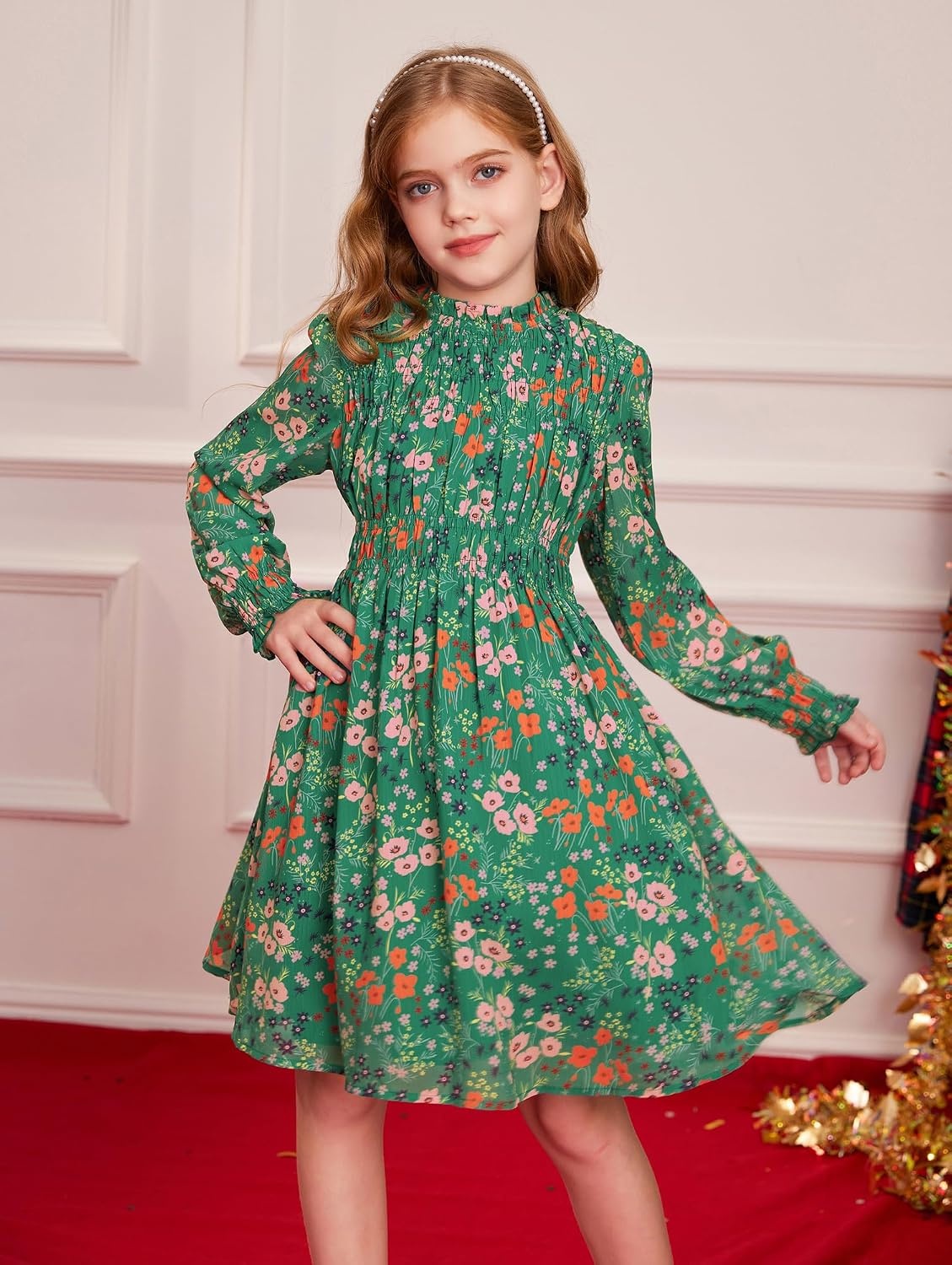 image:imageGRACE KARIN Girls Long Sleeve Floral Dress Fall Winter Casual Dresses 614YGreen Flower