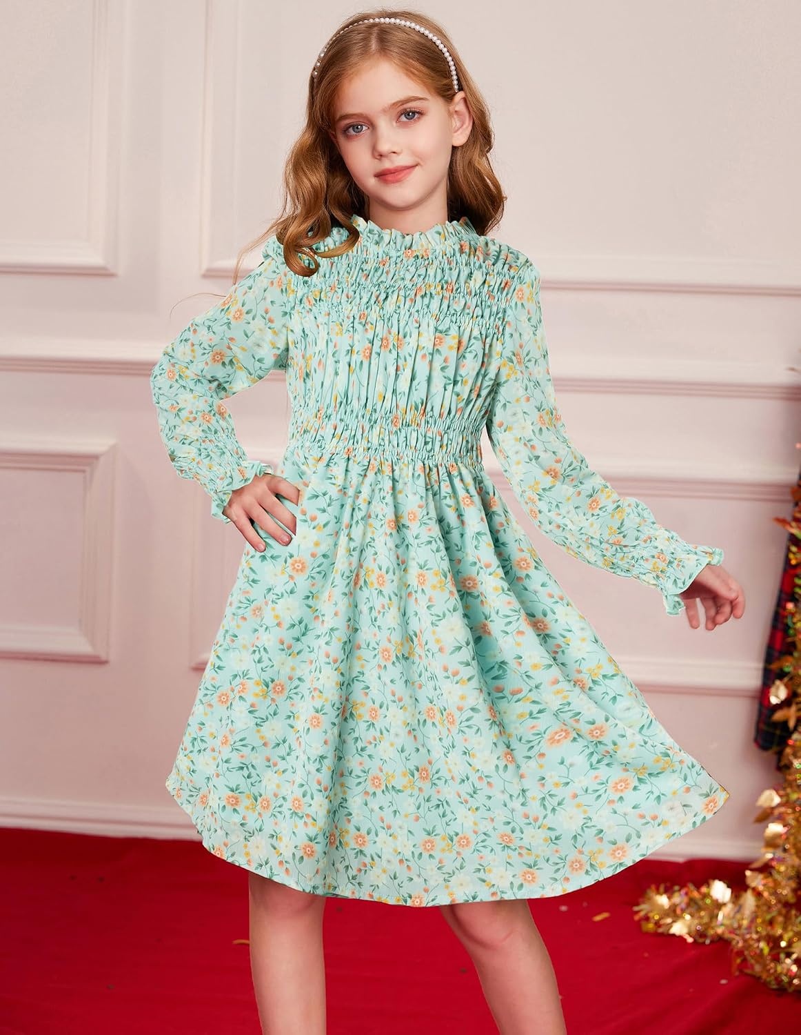 image:imageGRACE KARIN Girls Long Sleeve Floral Dress Fall Winter Casual Dresses 614YLight Green Floral