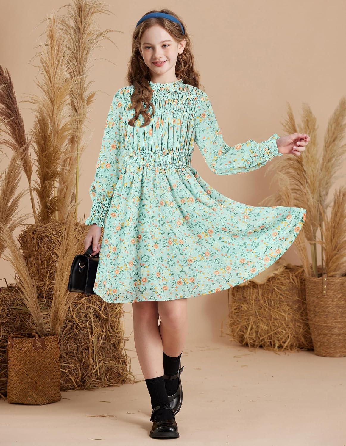 image:imageGRACE KARIN Girls Long Sleeve Floral Dress Fall Winter Casual Dresses 614YLight Green Floral