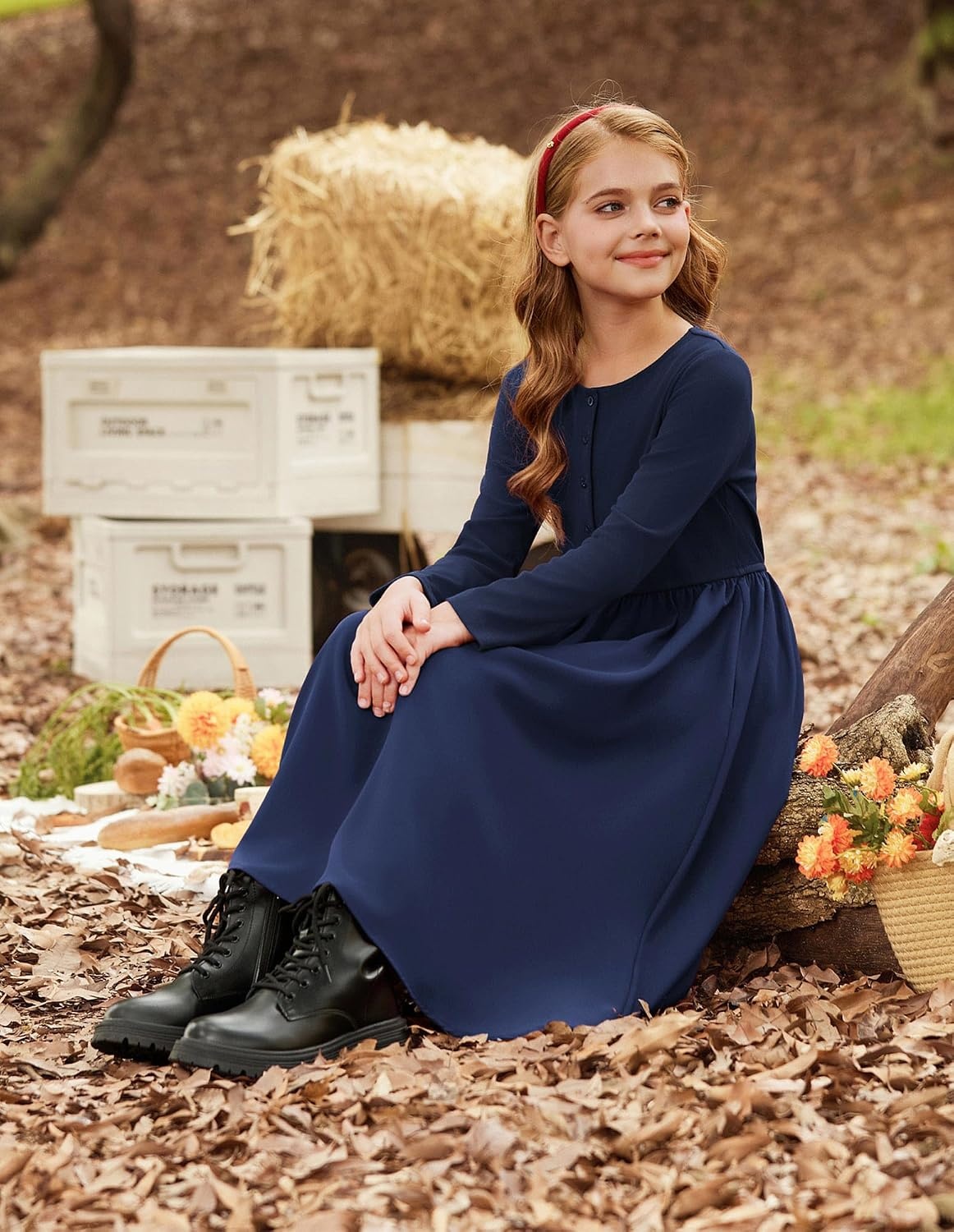 image:imageGRACE KARIN Girls Long Sleeve Maxi Dress Modest Fall Winter Casual 714YDark Blue